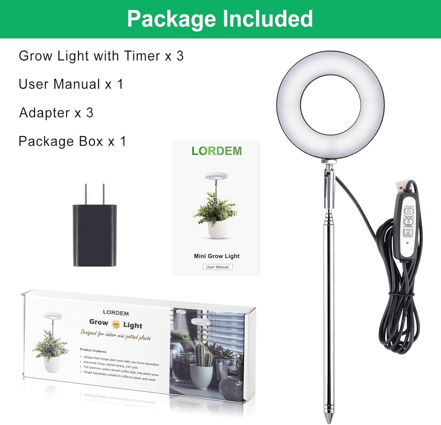 LORDEM Grow Light, Full Spectrum LED Plant Light for Indoor Plants, Height Adjustable Growing Lamp with Auto On/Off Timer, 4 Dimmable Brightness, Ideal for Small Plants, 3 Packs of Black
