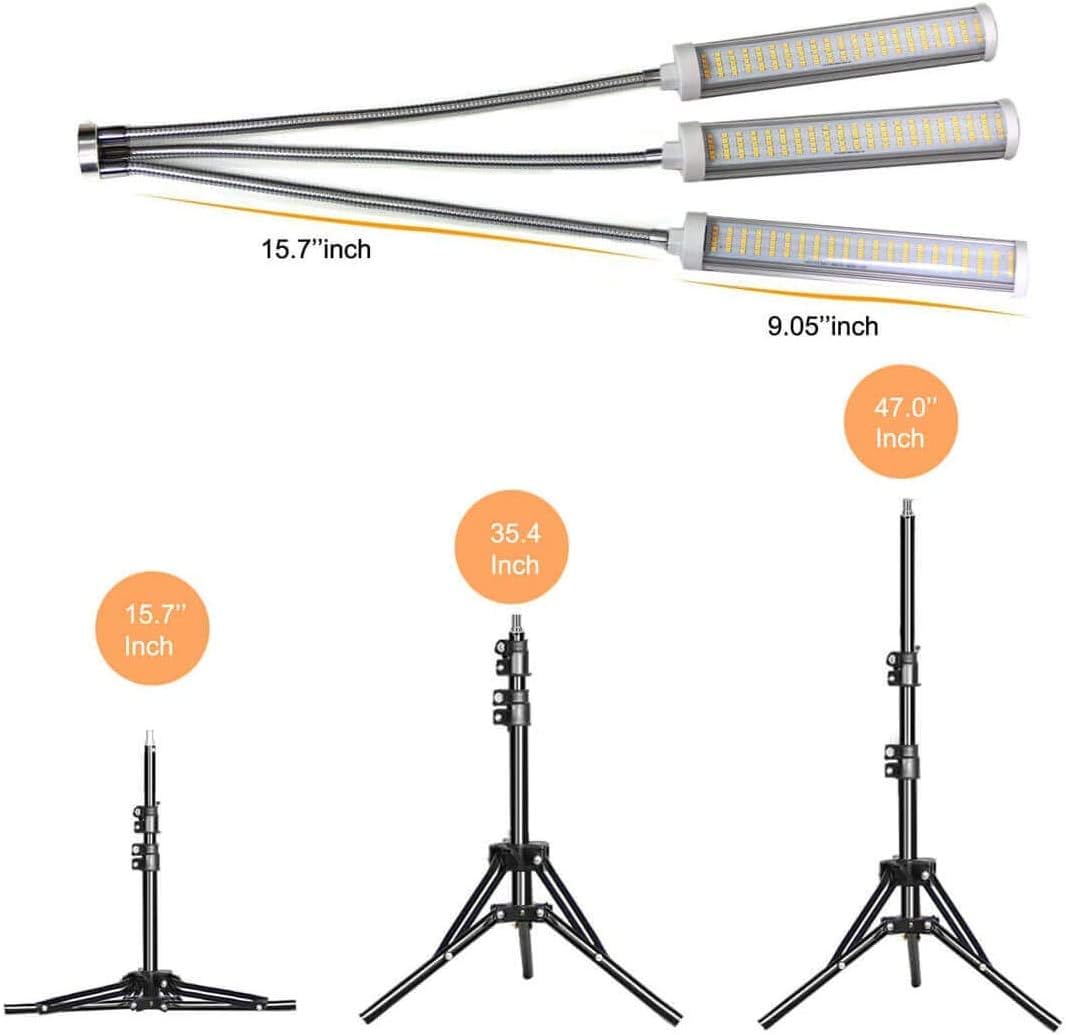 Grow Light Floor LED Grow Light with Stand, Tri-Head Sunlike Full Spectrum Plant Light for Indoor Plants,Tripod Stand Adjustable 15-47 in & 3 Modes