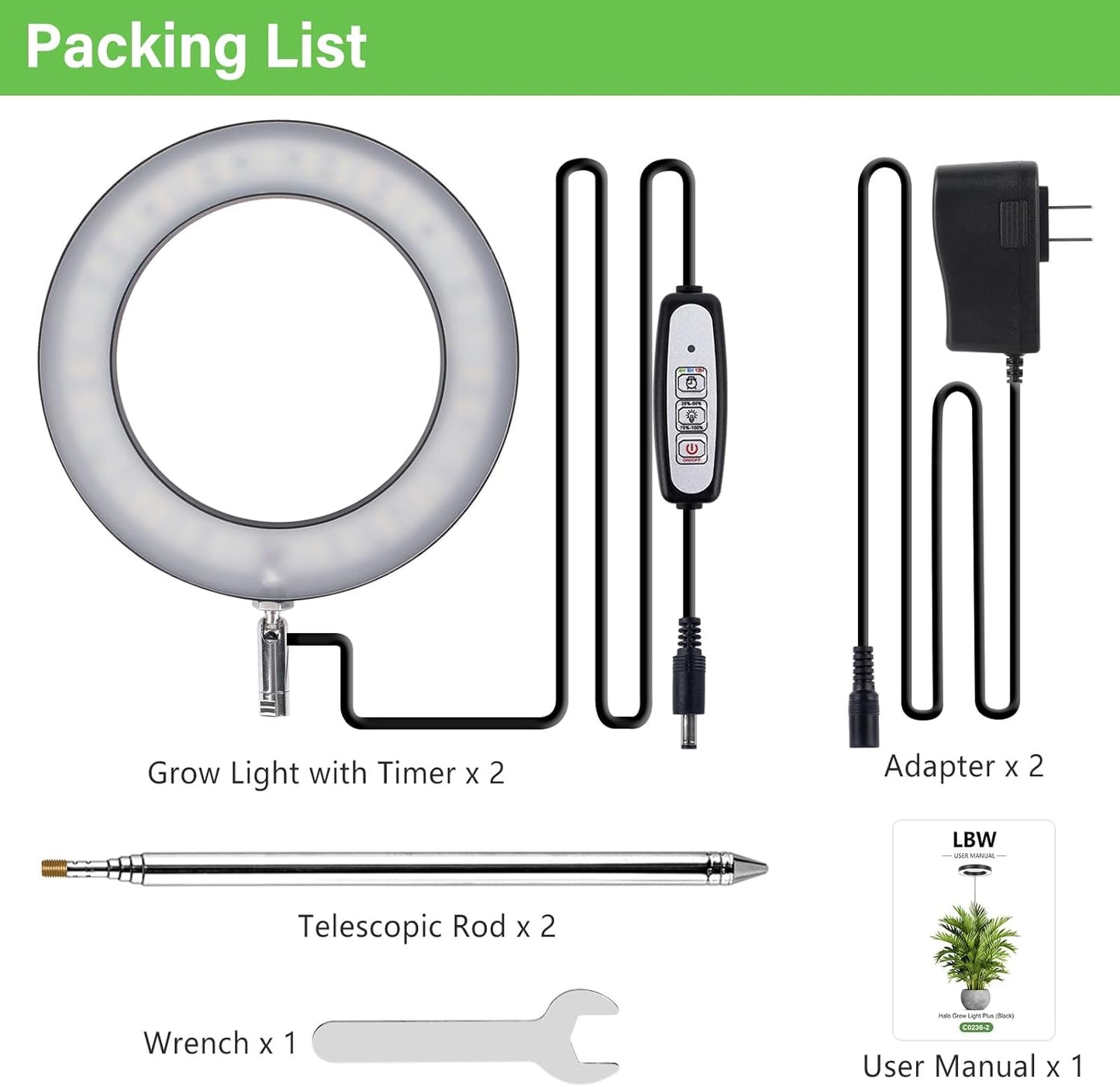 LBW Plant Grow Light, 72 LEDs Full Spectrum Grow Lights for Indoor Plants, Plant Lamp with 4 Dimmable Levels, 4/8/12H Timer, 10.4”-59”Height Adjustable, Halo Plant Lamp for Tall Plants, Black, 2 Pack