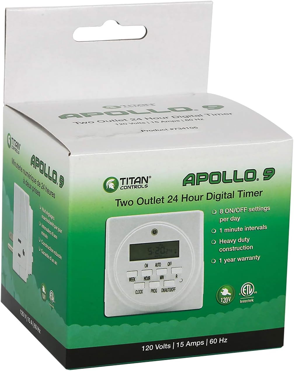 Titan Controls Apollo 9, Two Outlet 24 Hour Digital Timer, Timing Solution for Hydroponics, 120 Volt