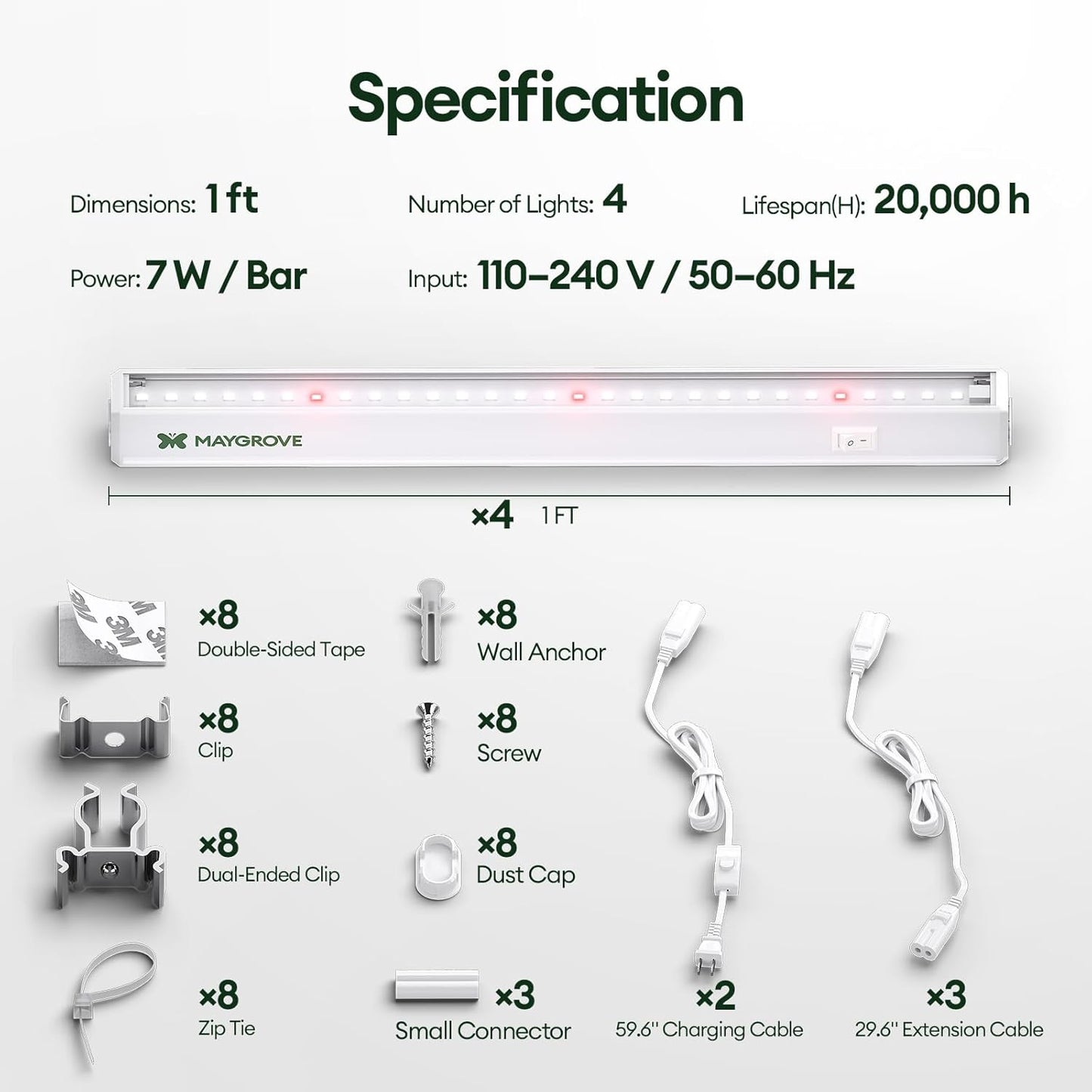 Maygrove T5 Grow Lights for Indoor Plants 1FT, Red-Enhanced Full Spectrum 5000K Grow Light, 28W(4 x 7W), Grow Light Strips for Seed Starting, Greenhouse, High PPFD, Linkable, White, 4-Pack