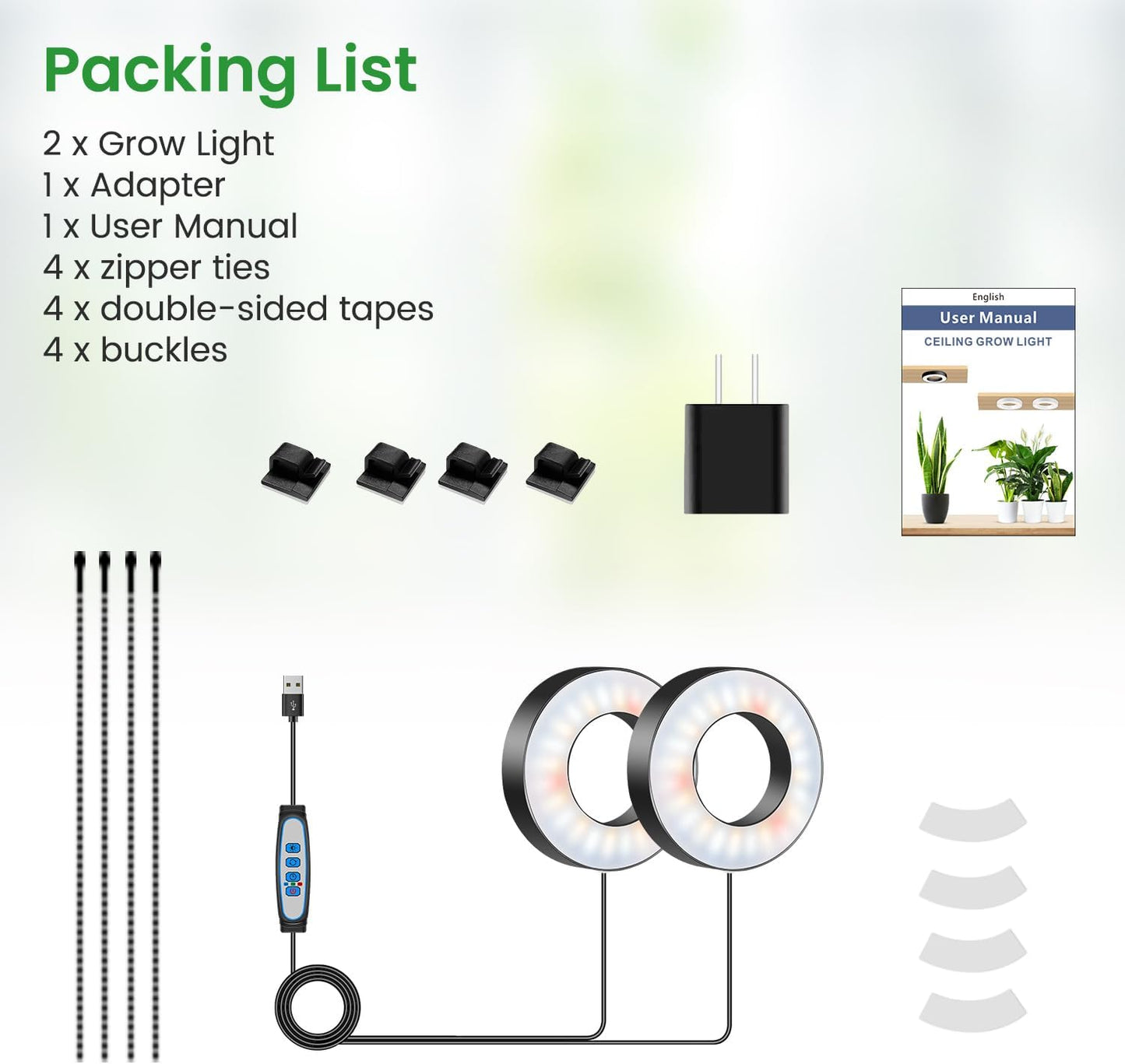 Wiaxulay Grow Lights for Indoor Plants, 96 LEDs Full Spectrum LED Plant Grow Light, 5V/2A Under Cabinet Grow Lamp with Auto Timer 6/12/16 Hrs, 3 Lighting Mode, 5 Brightness, Two Head (3.5in)