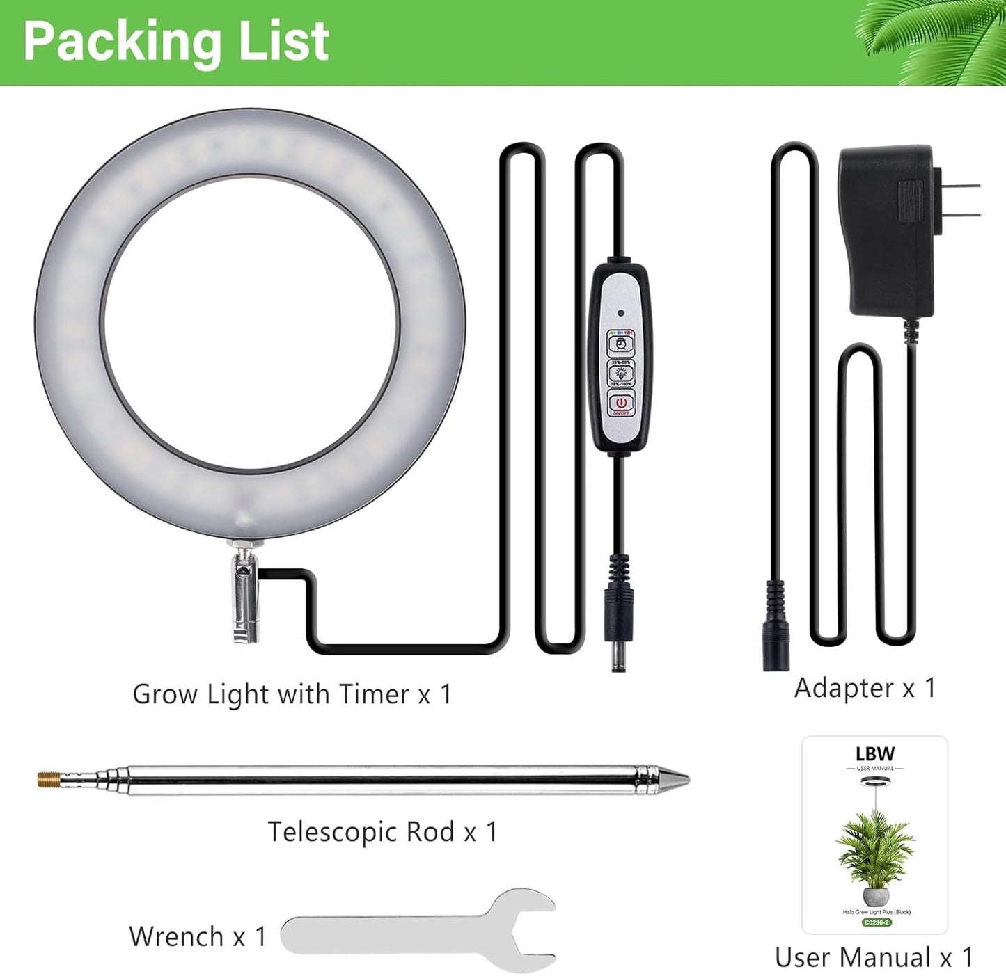 LBW Plant Grow Light, 72 LEDs Full Spectrum Grow Lights for Indoor Plants, Brightness Adjustable Plant Light with Auto 4/8/12H Timer, 10.4”-59” Height Adjustable, Ideal for Large Tall Plants, Black