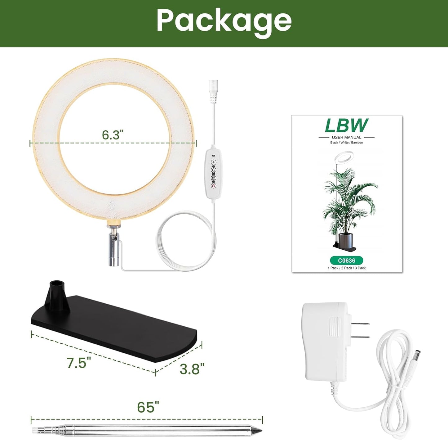LBW Grow Lights for Indoor Plants, 6.3" Full Spectrum Plant Light with Base, 65" Height Adjustable Grow Lamp, 6/8/12/16H Auto Timer, 3 Colors, 5 Dimmable Levels, for Tall Large Plants, Bamboo Grain
