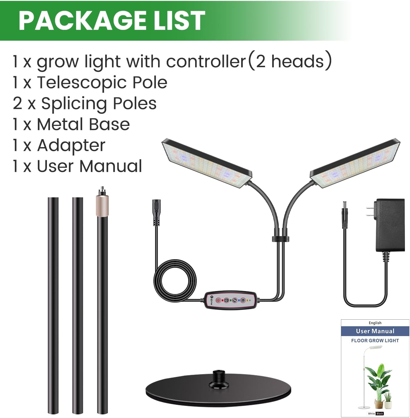 Wiaxulay Grow Light with Stand, Full Spectrum Floor Plant Lights for Indoor Growing, Height Adjustable 24-68, Ideal for Growing Large Plants, 4/8/12/16H Timer,3 Lighting Modes,306 LED (2 Heads)