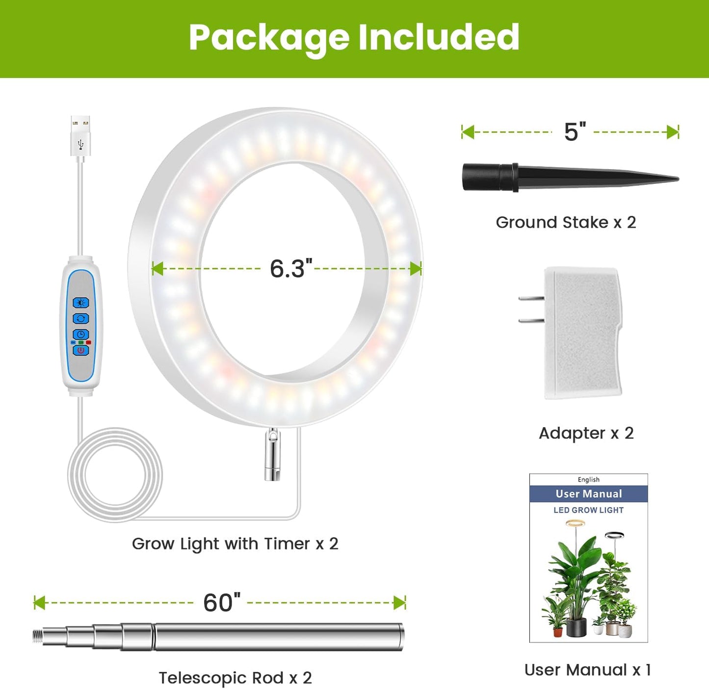 Kullsinss White Grow Light, Full Spectrum LED Plant Lights for Indoor Growing with 6/12/16H Timer, 3 Color Modes, 5 Brightness, 10"-65" Height Adjustable Growing Lamp for Large Indoor Plants, 2 Pack