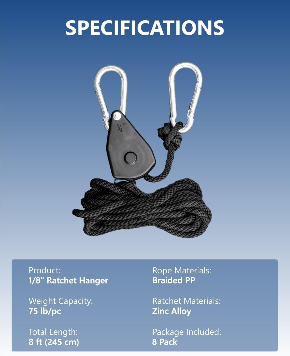 1/8" Adjustable Grow Light Hangers: 8 Pack Easy of Use Ratchet Ropes - Quick Hanging Accessories for Grow Tent