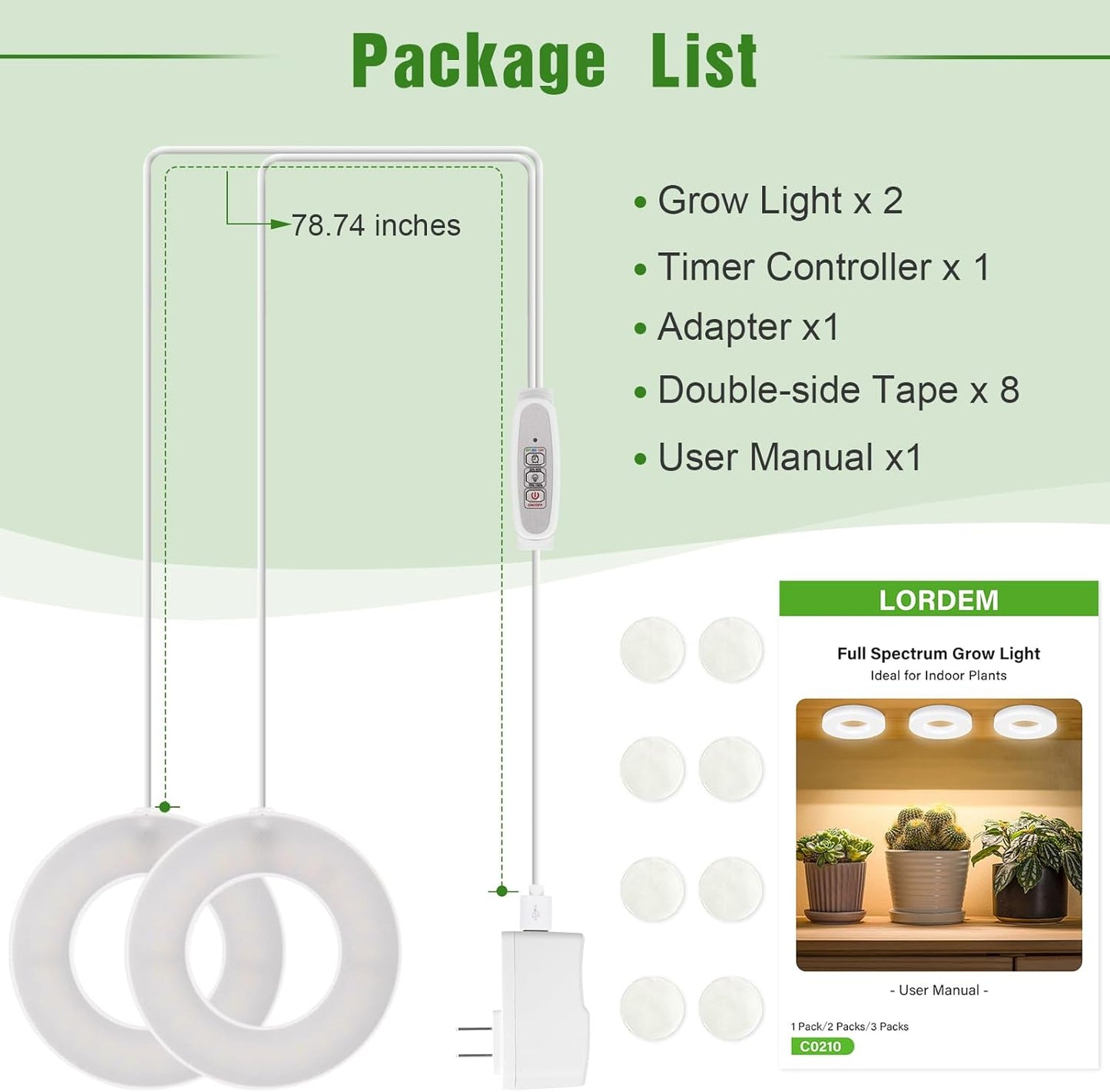 LORDEM Ceiling Grow Light for Indoor Plants, 96 LEDs Full Spectrum LED Plant Light, 5V Plant Lamp with 4/8/12H Auto Switch, 4 Dimmable Brightness Levels, Ideal for Small Plants, Dual Head, Corded