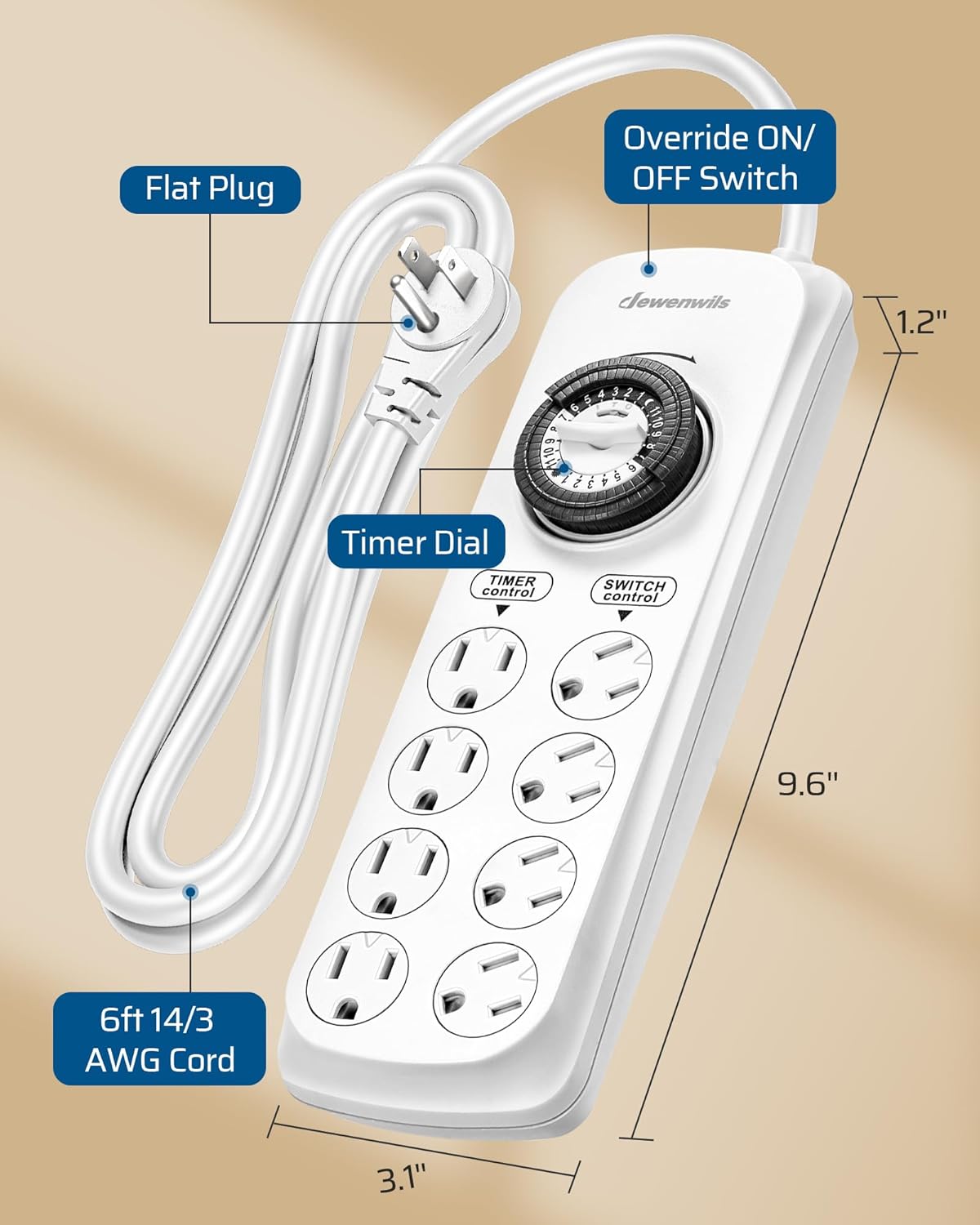 DEWENWILS Mechanical Power Strip with 8 Outlets, Flat Plug, 6ft Long Cord, Overload Protection, Indoor Controller for Bearded Dragon Tanks, Aquarium, Grow Lights, Plants, Reptile Light, UL Listed