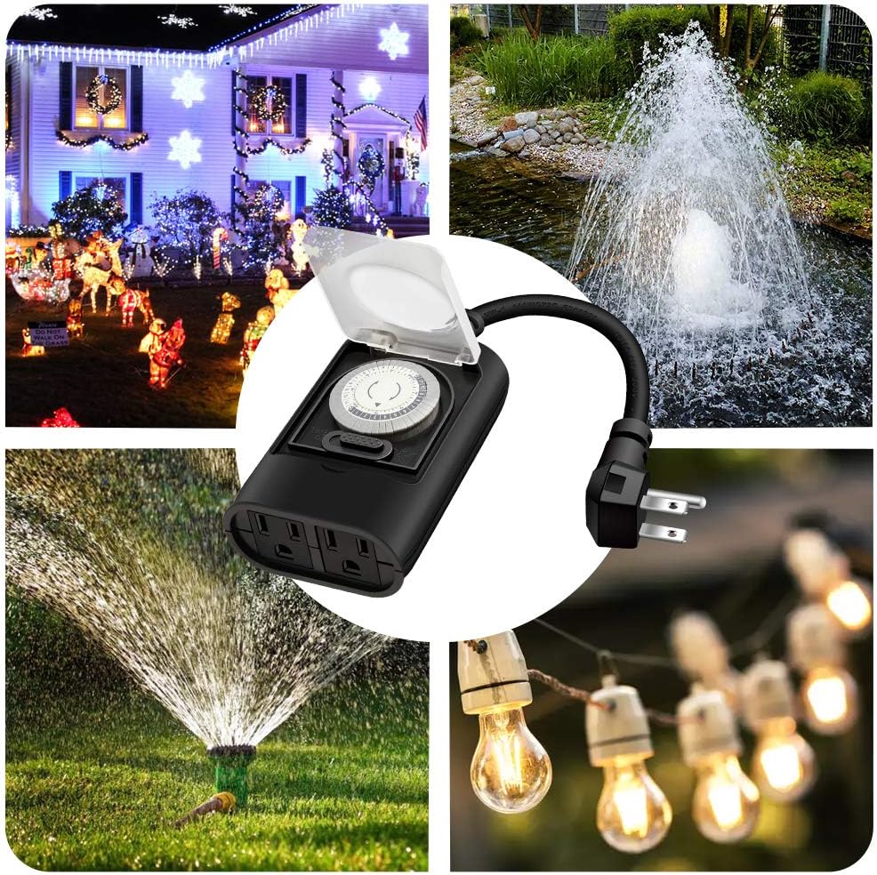 K KASONIC - Outdoor Light Timer Outlet, 24 Hour Mechanical Switch, Heavy Duty Plug in Timer Waterproof with 2 Grounded Outlet, ETL Listed (Black)
