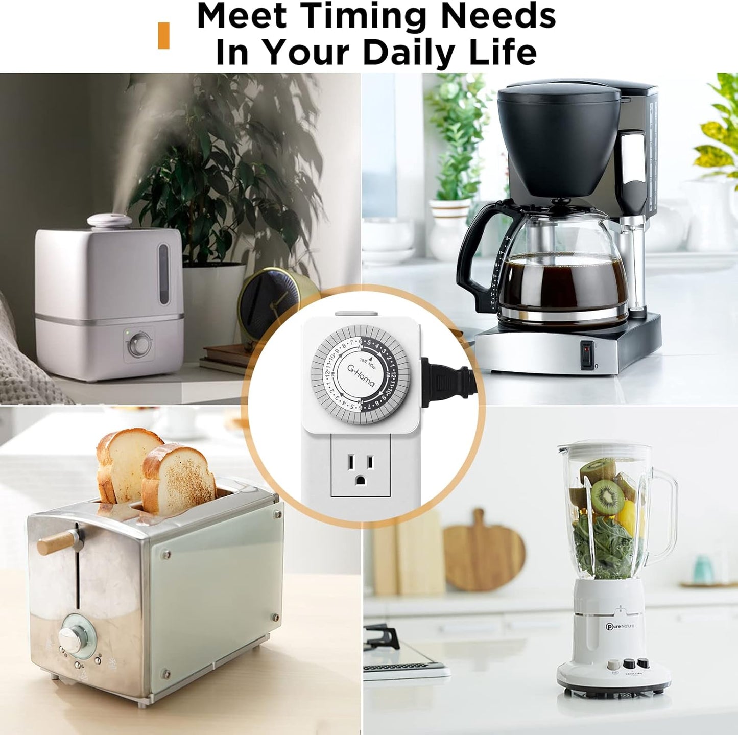 G-Homa Timers for Electrical Outlets 4 Packs,24 Hour Indoor Plug-in Mechanical Timer,30 Minute Intervals, Daily On/Off Cycle,1 Polarized Outlet, for Grow Light,Christmas Lights, Lamps ETL Listed