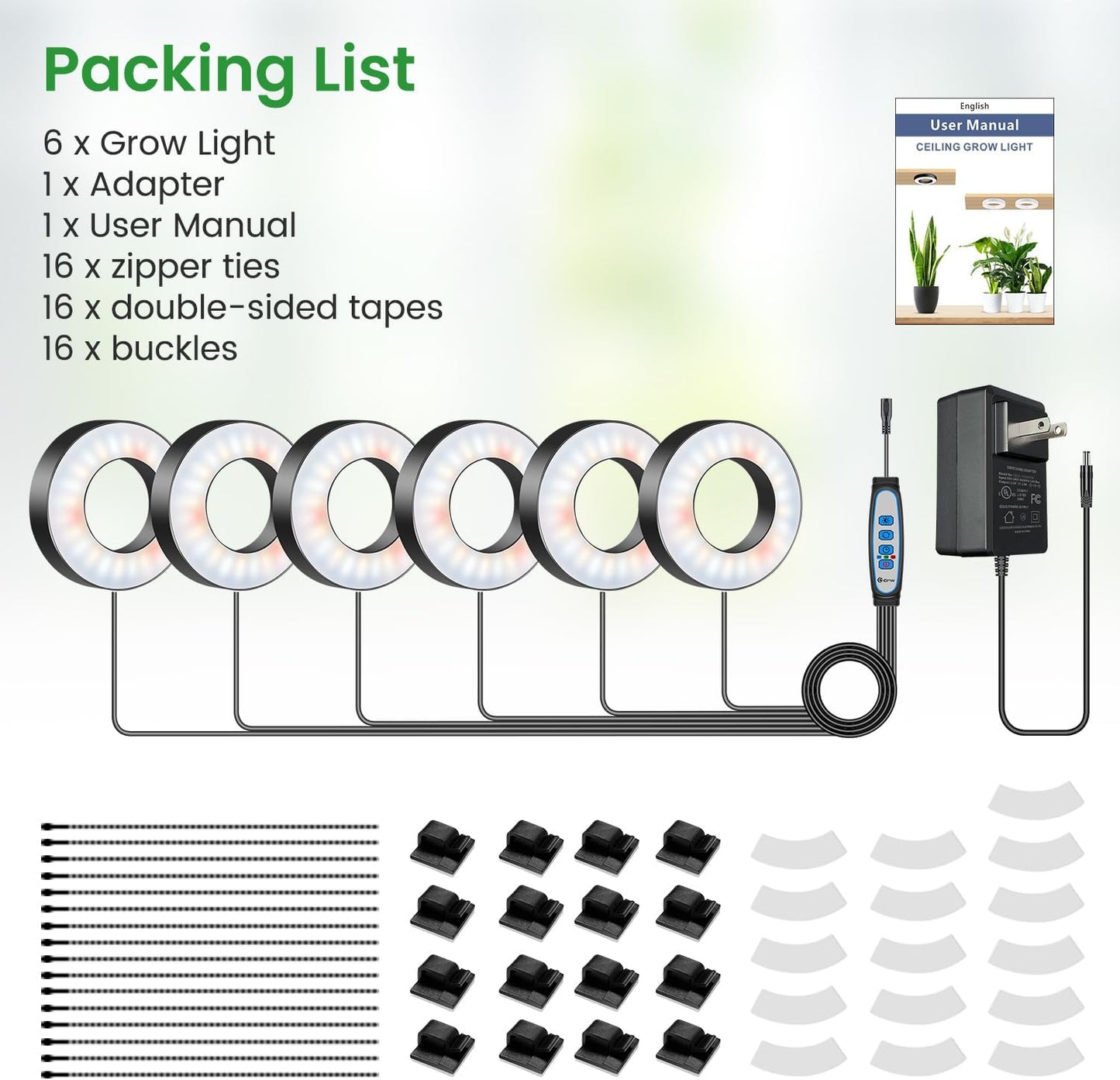 Wiaxulay Ceiling Grow Lights for Indoor Plants, 288 LED Full Spectrum 3.5in Halo Plant Grow Light, 12/3A Under Cabinet Grow Lamp with Auto Timer 6/12/16 Hrs, 3 Lighting Mode, 5 Brightness, Six Head