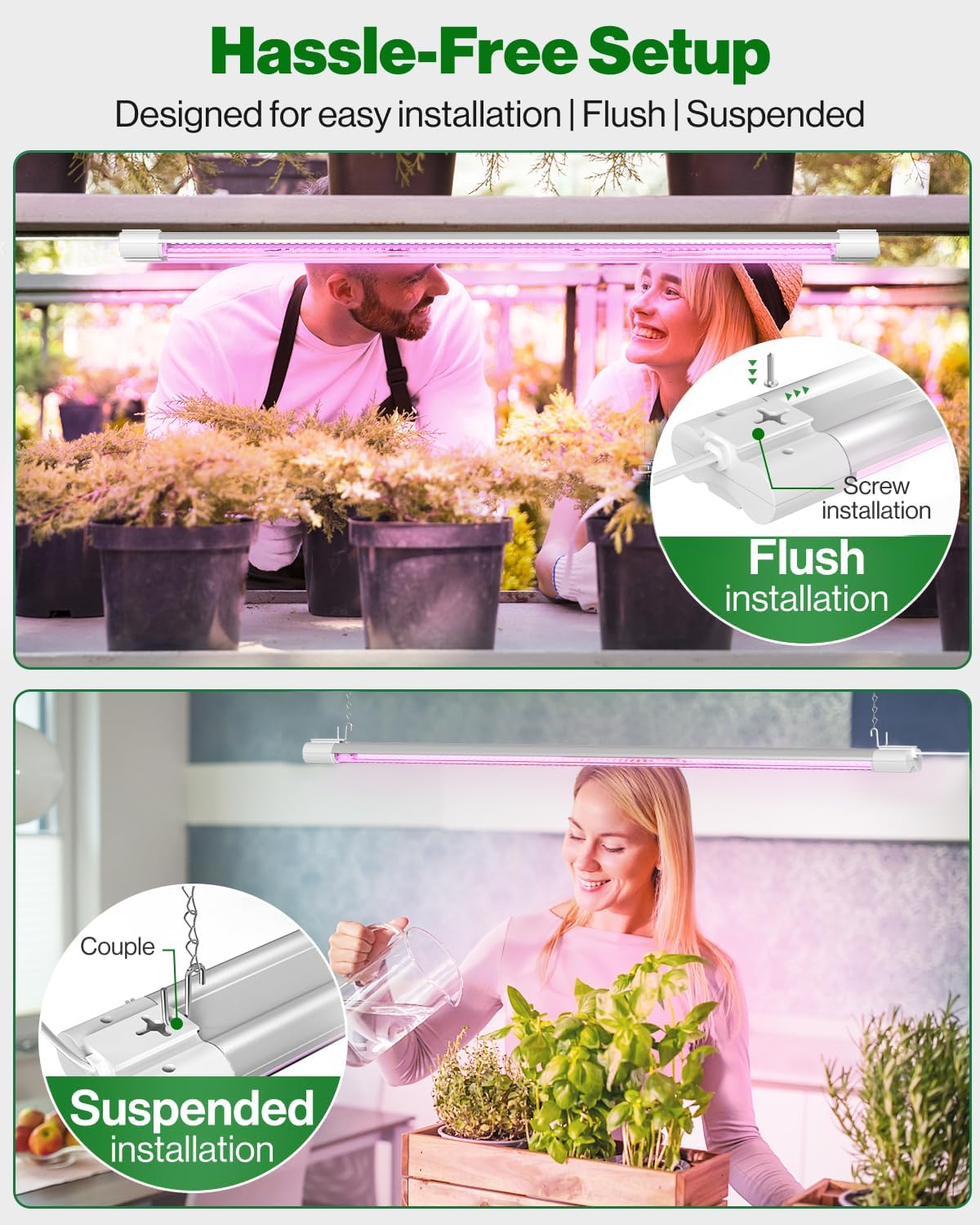Sunco 3ft Grow Light LED, 30W, Full Spectrum, for Seed Starting, Seedling, Indoor Plants, Plug in Suspended Fixture, Link Up to 4, Inline Switch, UL/ETL 2 Pack.