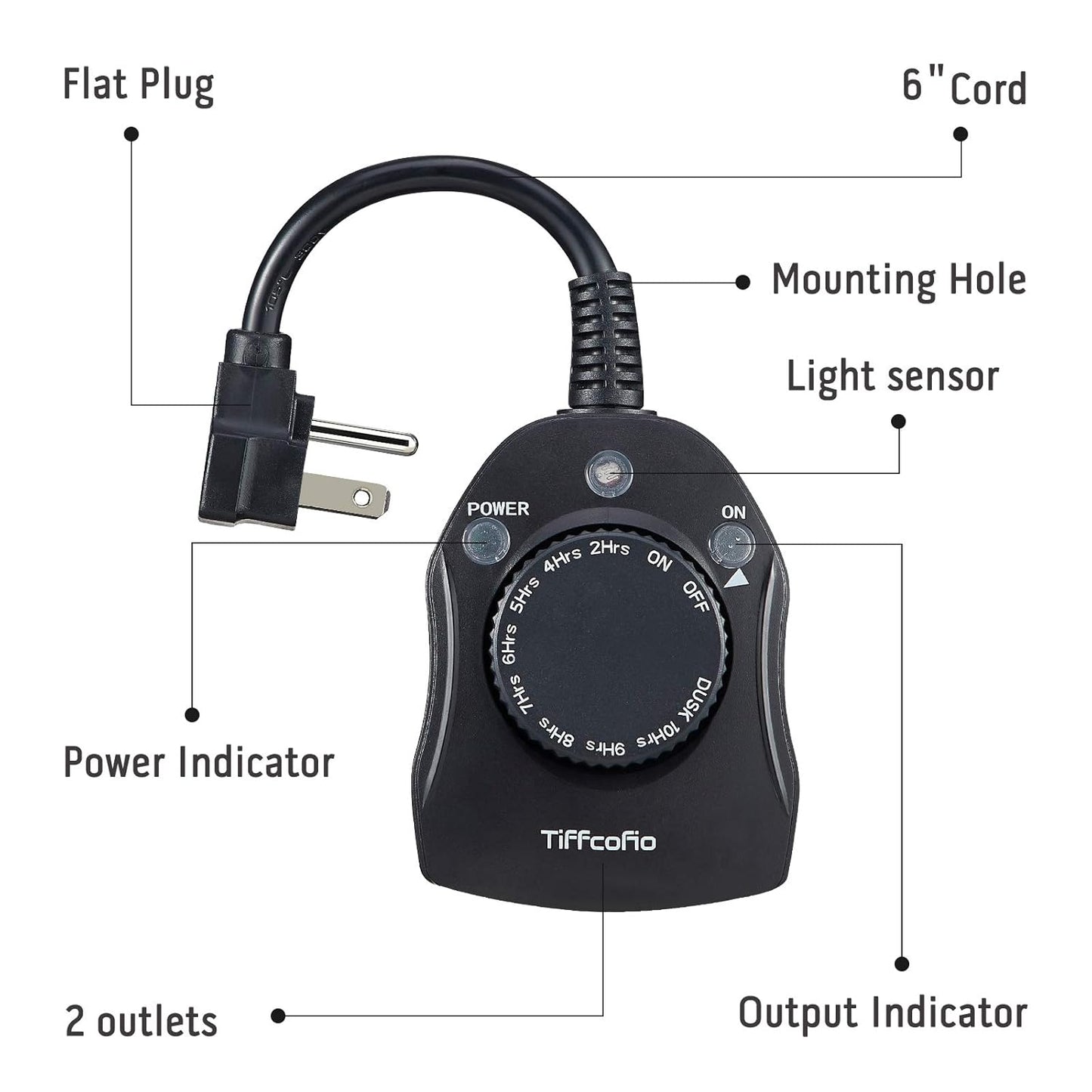 TiFFCOFiO Outdoor Timer Outlet, Dusk to Dawn Light Sensor Timer Weatherproof, 2 Grounded Outlets for Halloween and Christmas Lights, 15A 1/2HP, ETL Listed
