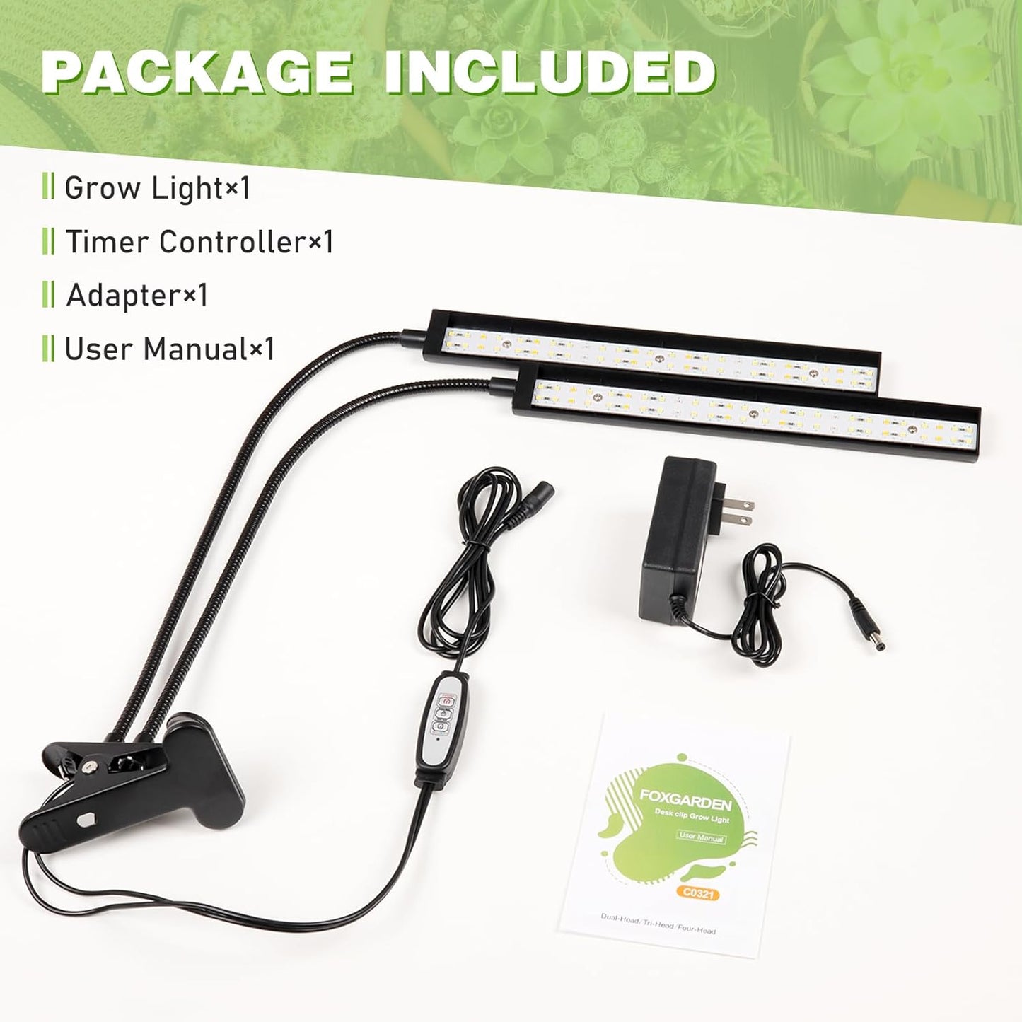 FOXGARDEN Grow Light Full Spectrum, Dual Head Plant Lights for Indoor Growing with Flexible Gooseneck, 104 LEDs Clip Grow Lamp with 4/8/12H Timer, 4 Brightness Levels, Ideal for Indoor Growth