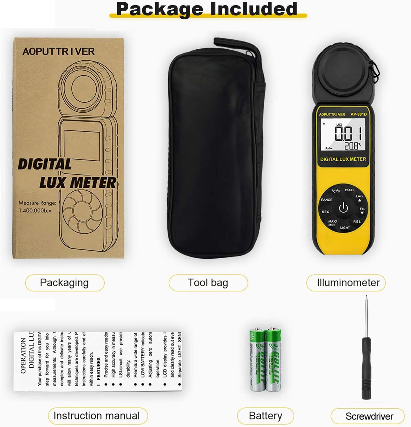 Light Meters, AP-881D Lux Meter with Ambient Temperature(℃/℉)Measurer Light 0.01~400,000 Lux (0.01~40,000 FC), Luxmeter with 270º Rotated Sensor, Back Light, Data storag for Plants LED Indoor Lights