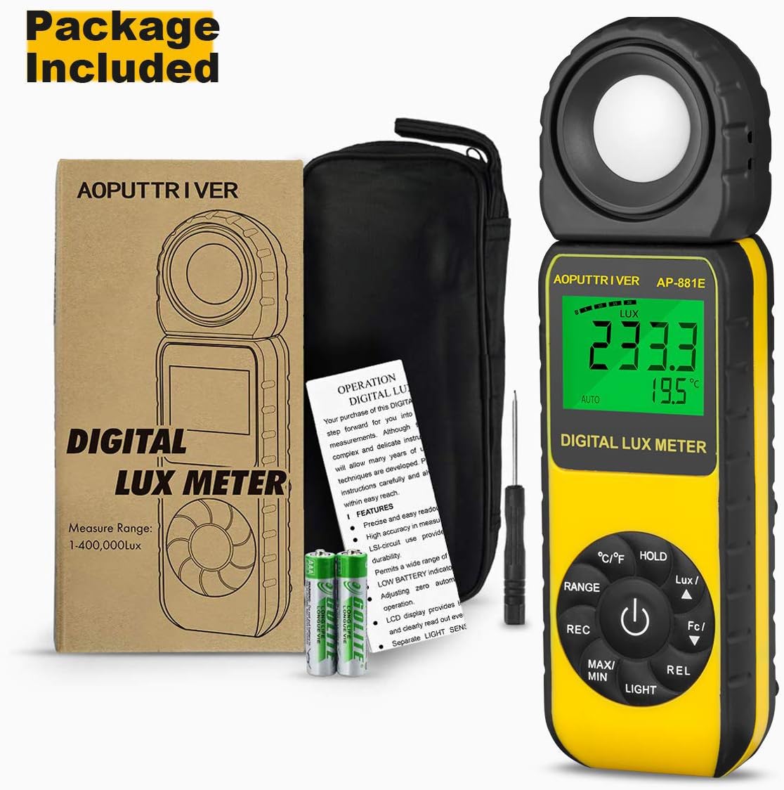 Digital Light Meter,Illuminance Meter Range up to 300,000 Lux Handheld Ambient Temperature 270ºDegree Rotatable Detector/0.4 Second Response