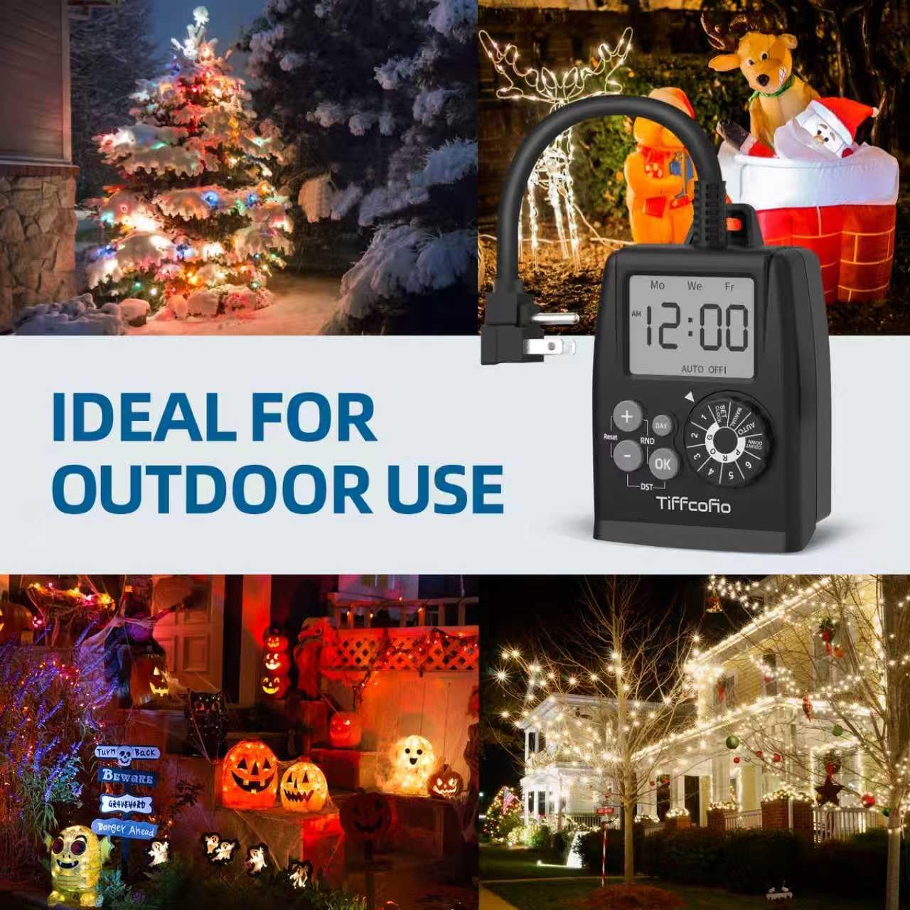 TiFFCOFiO Digital Outdoor Timer Outlet, Dial Programmable Method, Outdoor Light Timer Waterproof, 2 Grounded Electrical Outlets for Pool Pump, 6 Sets of Programs, 15A/1875W (1 Pack)