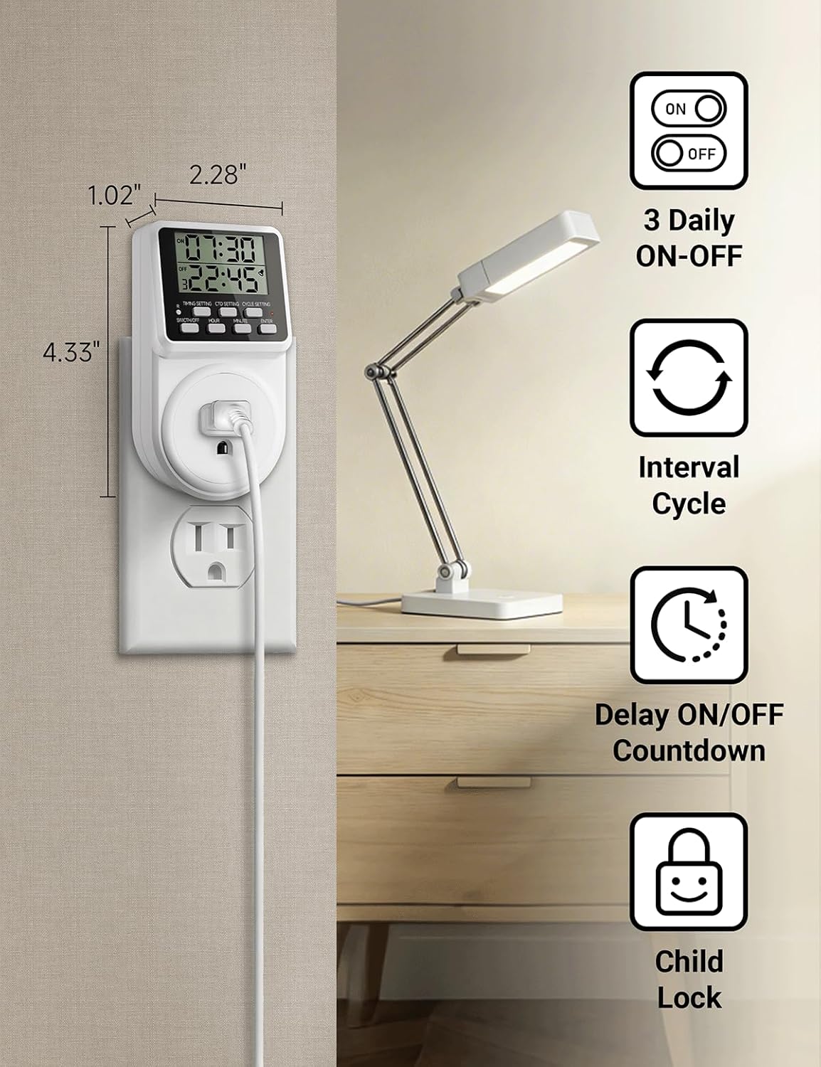 Techbee Digital Infinite Repeat Cycle Intermittent Timer Plug for Electrical Outlet, 24 Hour Programmable Indoor Timed Power Switch with Countdown Delay On and Off (120V, 15A), 1 pack