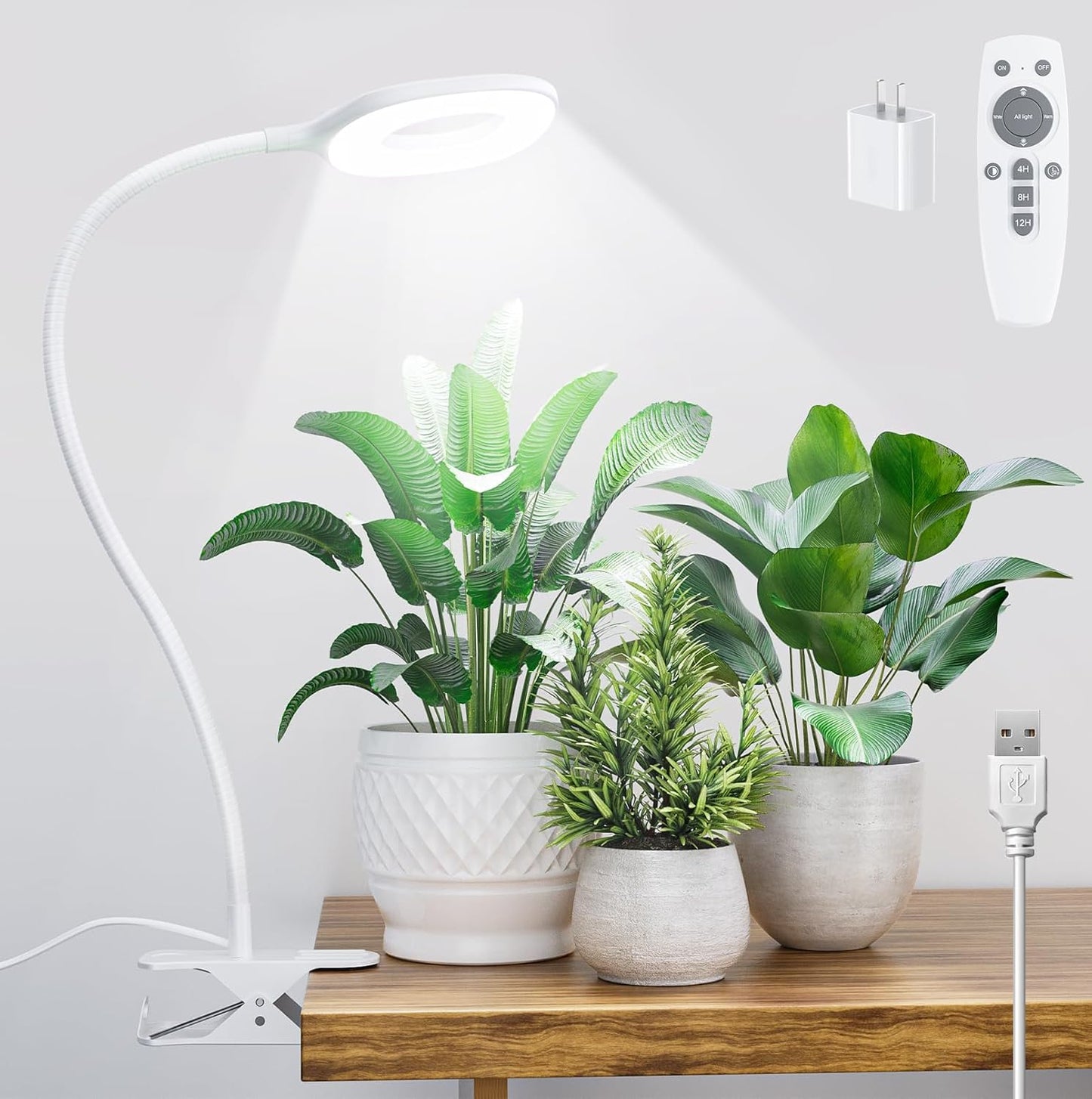 Full Spectrum Grow Lights for Indoor Plants, Clip On Plant Lights for Indoor Growing with 4/8/12H Timer, 3 Light Modes, 10 Dimmable Levels, Adjustable Gooseneck, Remote Control