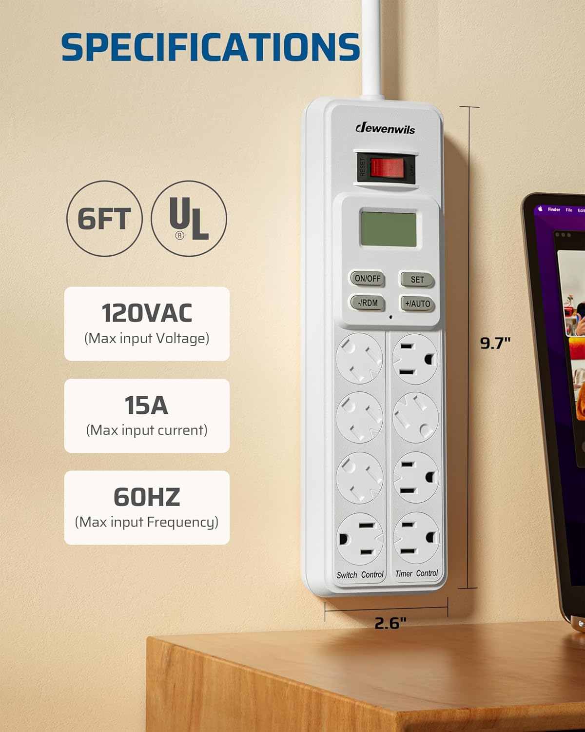 DEWENWILS 8-Outlet Power Strip with Timer (4 Timed/ 4 Always On), Digital Timer Outlet for Reptile Light, Turtle Grow Light Indoor Bearded Dragon Tank Accessory Aquarium, 6ft SJT Cord, 15A UL Listed