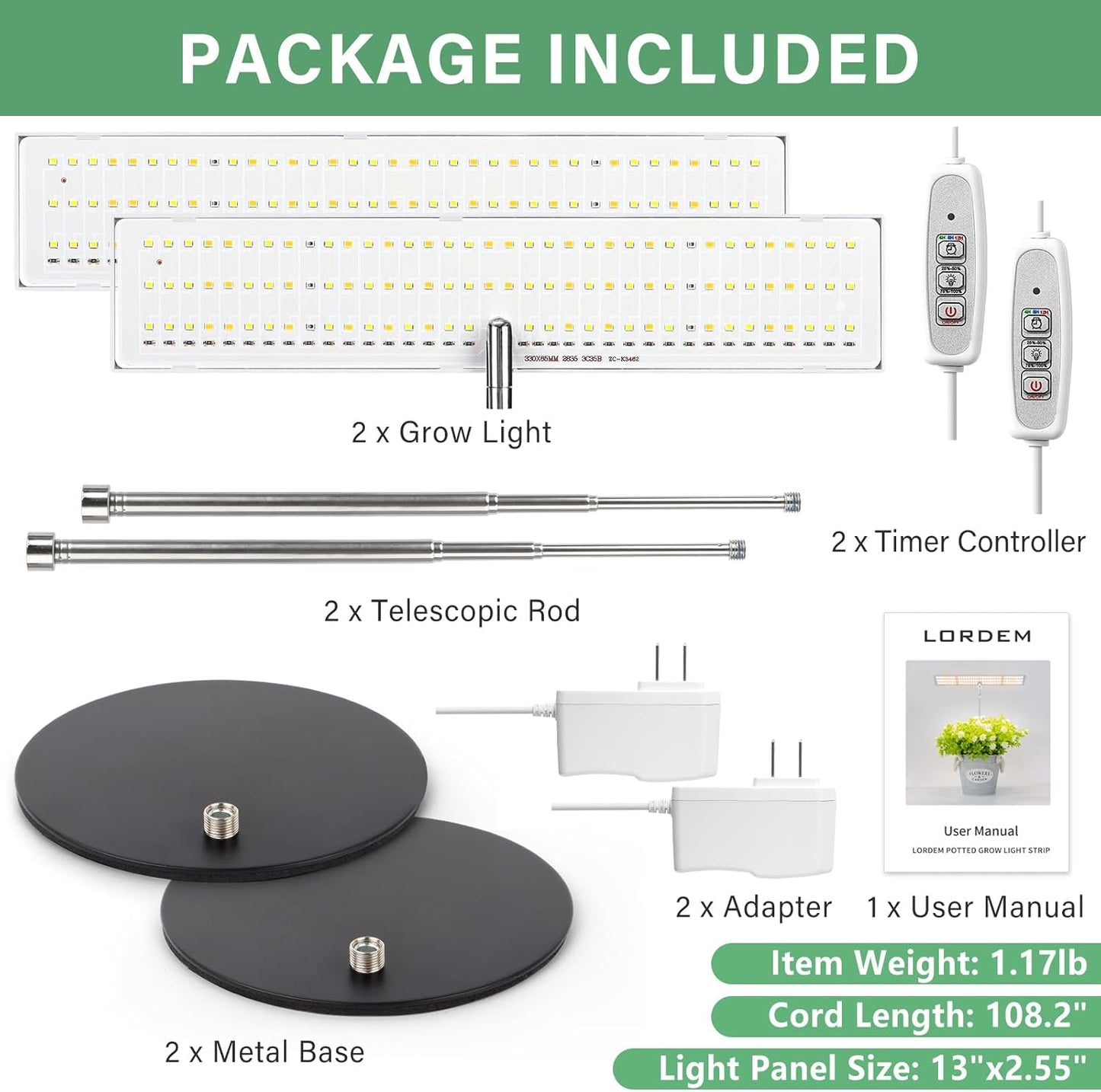 LORDEM Grow Light for Indoor Plant, Full Spectrum LED Plant Light, Height Adjustable Growing Lamp with Auto On/Off Timer 4H/8H/12H, 4 Dimmable Brightness, Ideal for Home Desk Plant Lighting, 2 Pack