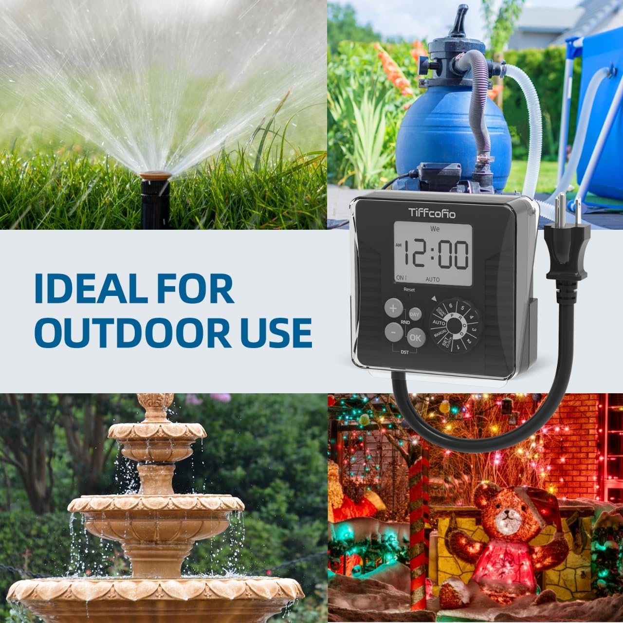 TiFFCOFiO Outdoor Digital Pool Timer, Dial Programmable Method, Outdoor Timer with 2FT Extension Cord Waterproof, 2 Grounded Electrical Outlets for Lights, 6 Sets of Programs,1HP (15A)