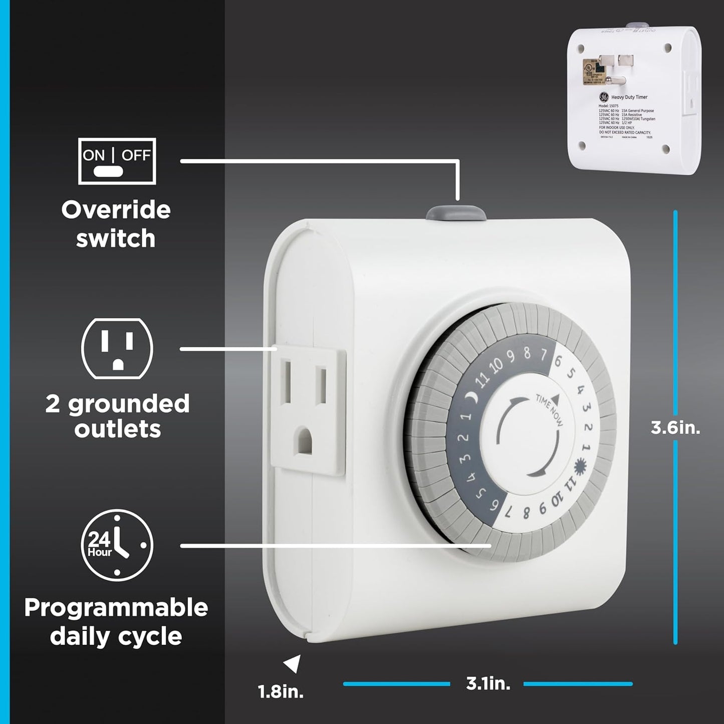 GE 24‑Hour Mechanical Outlet Timer Switch, Dual Grounded Plug‑in Control for Indoor Lighting, Lamps, Christmas Trees, Fans and Small Appliances (3 Pack), 66404