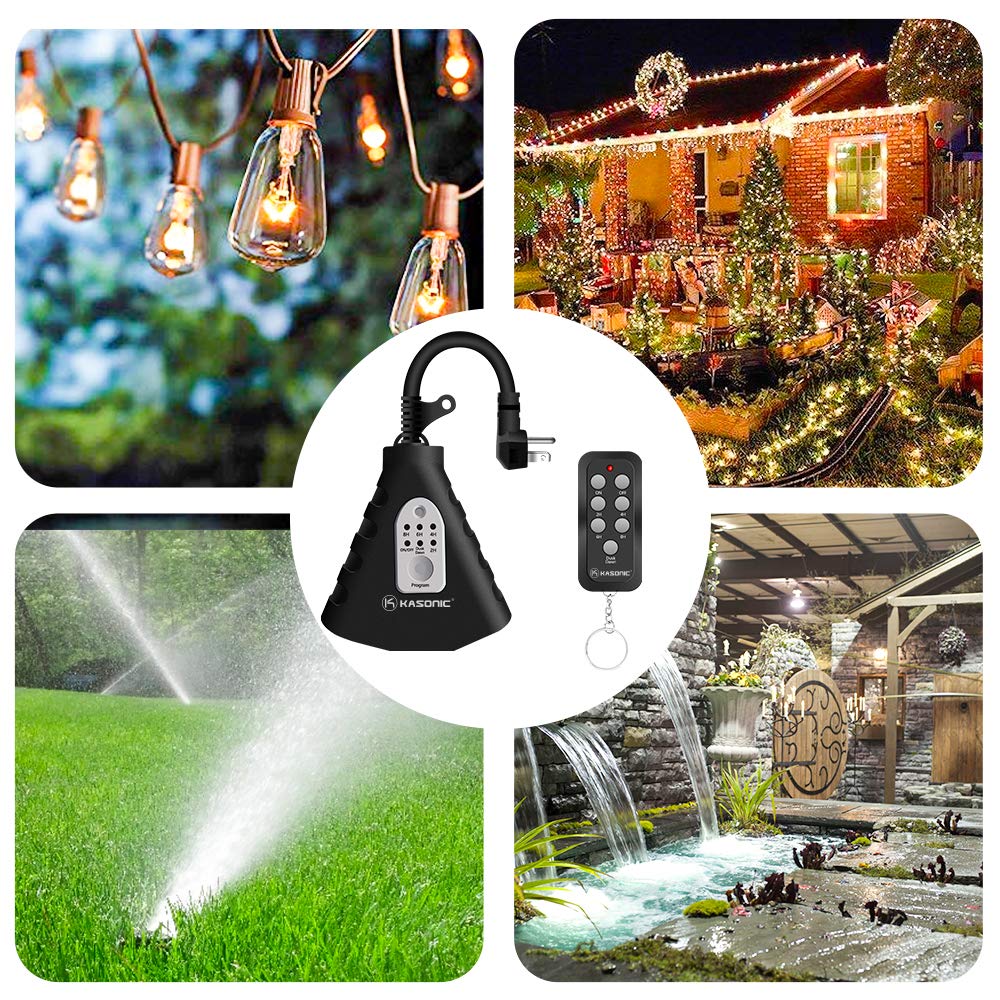 K KASONIC - Outdoor Light Timer, Waterproof Plug in Sensor Outlet Timer Switch, 100 ft Range Remote Control with 3 Grounded Electrical Outlets for Home and Garden, ELT Listed