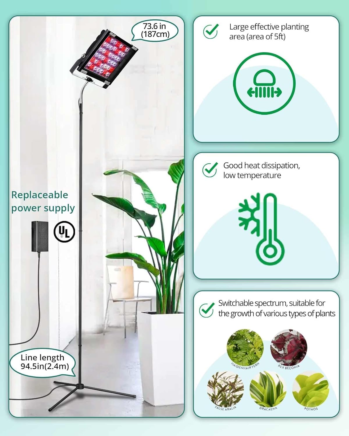 Grow Lights for Indoor Plants, Full Spectrum Tall Plant Light, Dimmable, Adjustable Tripod Standing Grow Lamp Floor Refugium Lamp for Aquarium, 45W 66in, 6/12/16h