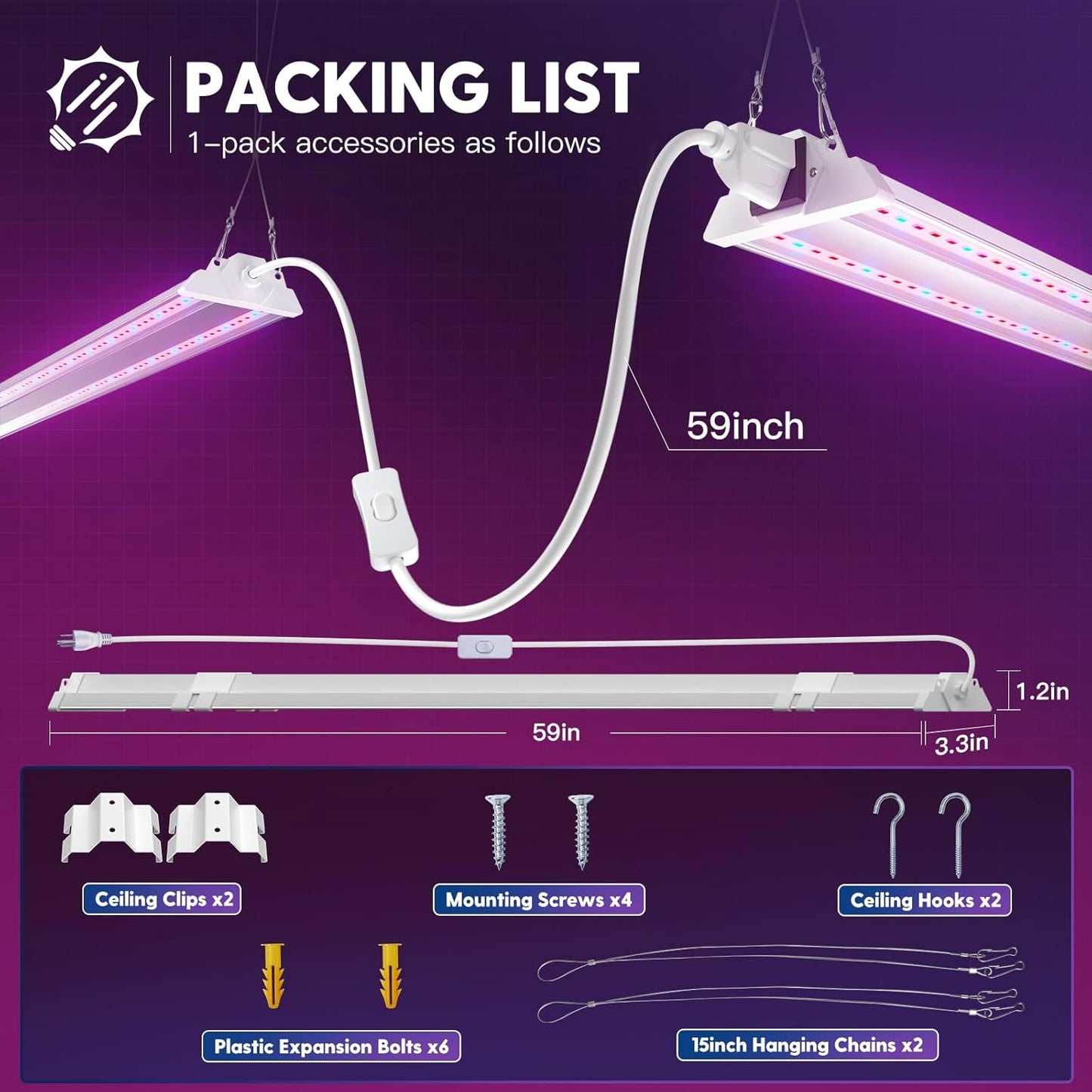 FREELICHT 1 Pack 4ft LED Grow Light, 60W (350W Equivalent), Red Blue (660nm+460nm) Full Spectrum Grow Lights for Indoor Plants, Hanging Plug in Grow Lamp for Hydroponic Greenhouse Plants Seedling Veg