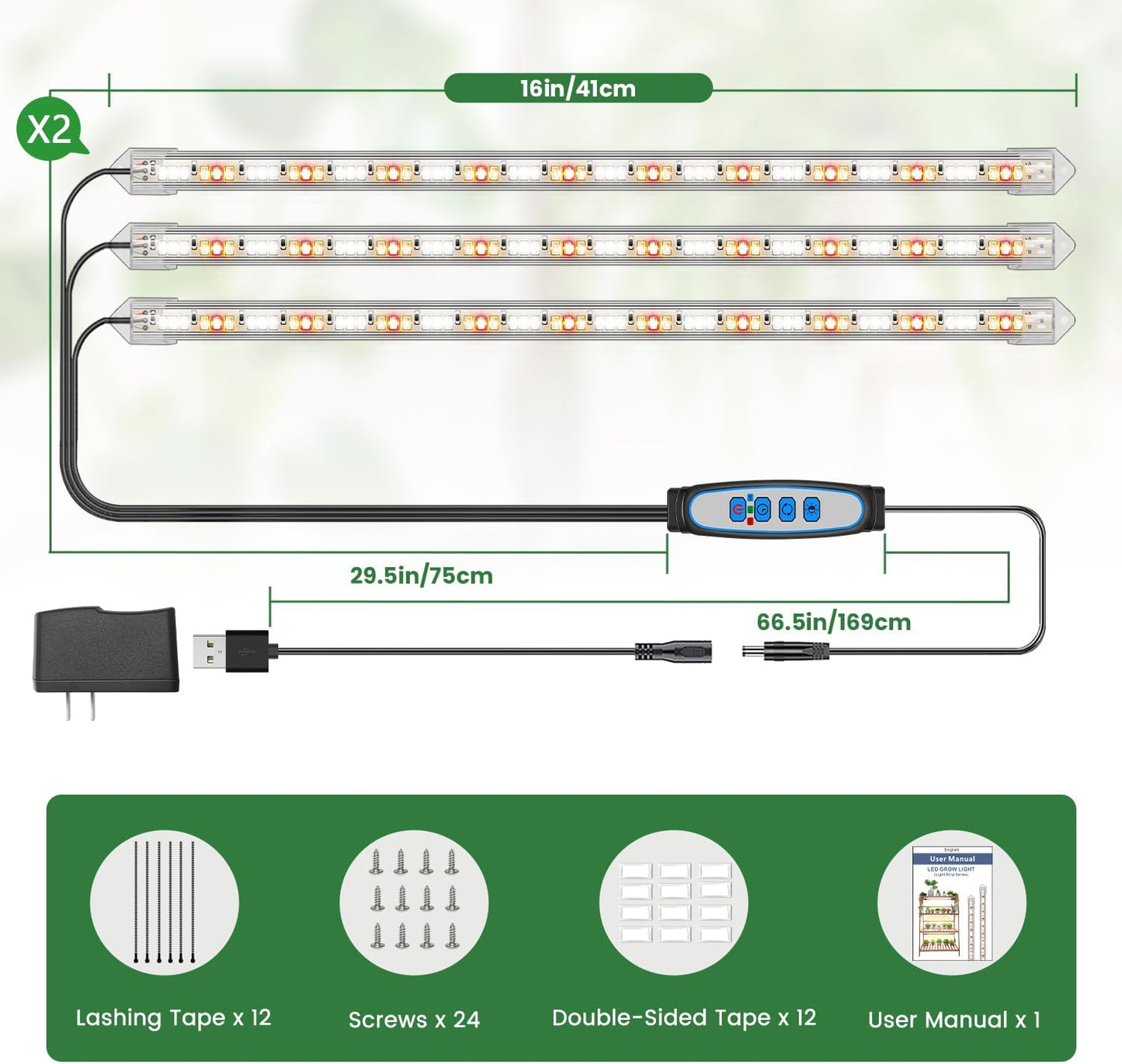 Kullsinss Grow Lights for Indoor Plants Full Spectrum, LED Grow Light Strips with 6/12/16H Timer, 3 Spectrum Modes, 5 Brightness Levels, 180 LEDs Sunlike Plant Lights for Indoor Growing (2 Pack)