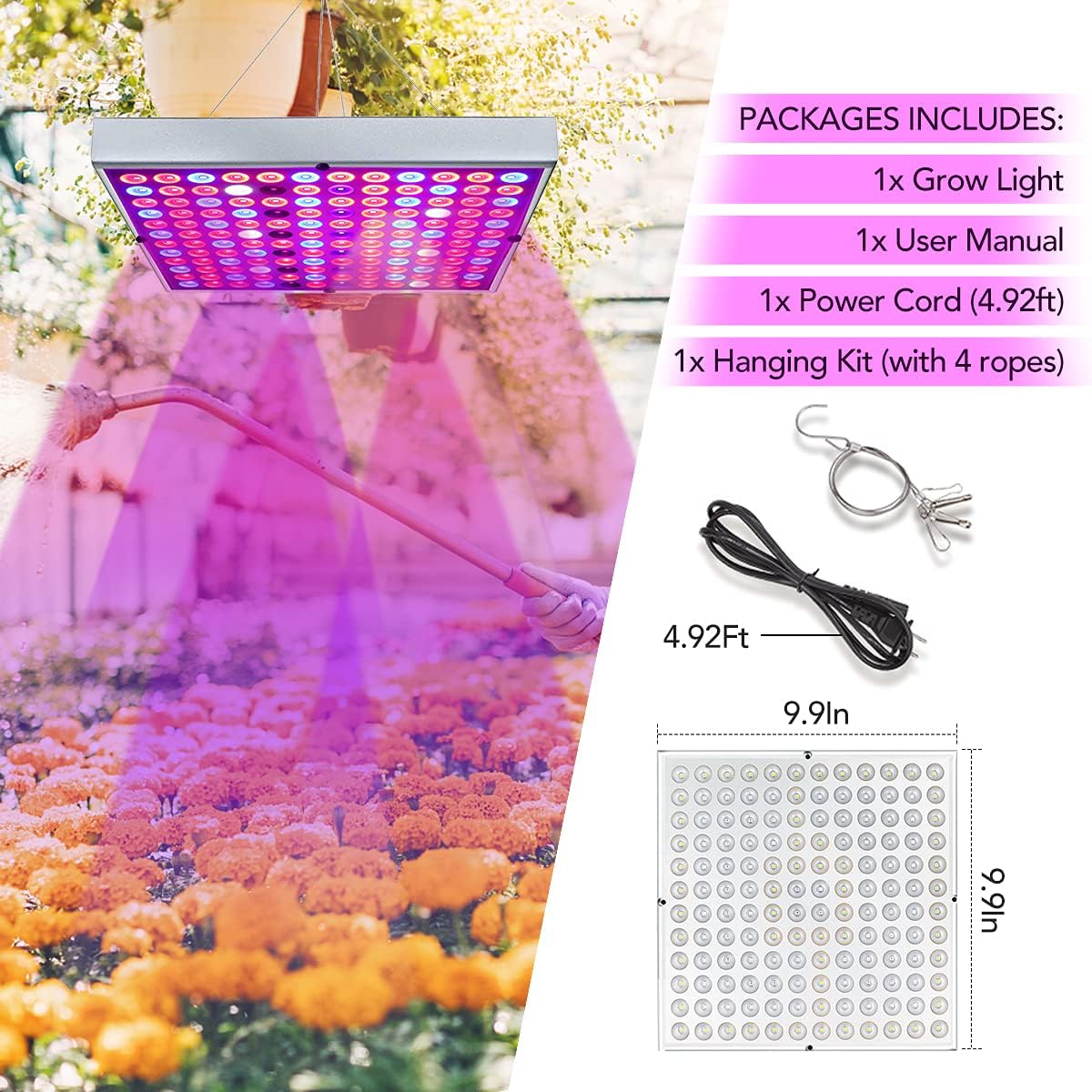 LED Grow Lights for Indoor Plants, Panel Plant Light Full Spectrum with IR & UV Bulbs for Seedlings,Micro Greens,Clones,Succulents (Size:9.9x9.9inches)