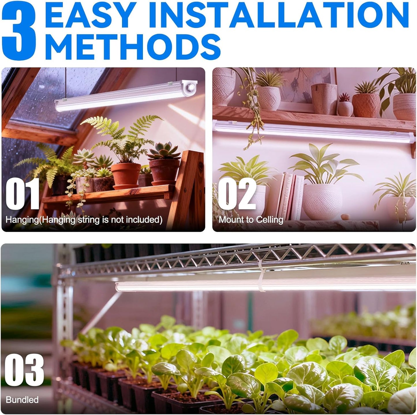 JESLED Waterproof Plant Grow Lights, 2FT Full Spectrum Grow Light for Seedling, Flowering & Fruiting, 48W (2 x 24W, 300W Equiv), Linkable Grow Light Strip, Plug and Play, Pinkish White, 2-Pack