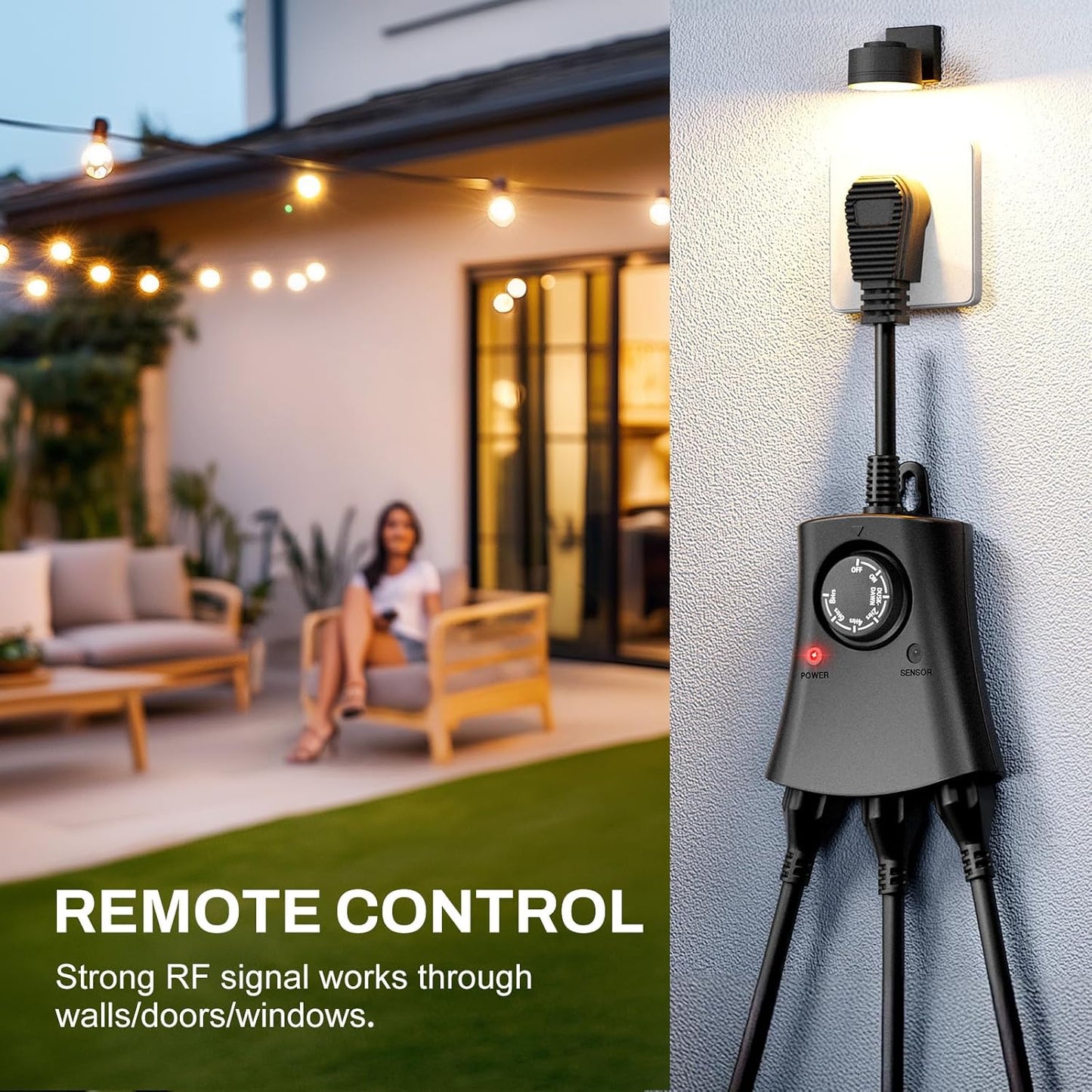 Lights Plug Timer Outdoor, Dusk to Dawn Electrical Timer Switch with Remote, Waterproof 3 Grounded Electrical Outlets for Halloween Christmas Holiday Lights Patio Yard Garden, UL Listed, 15A 1/2HP