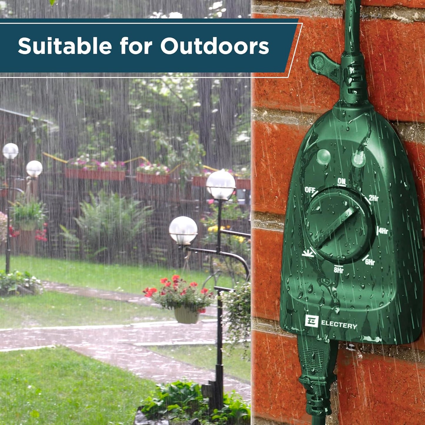Outdoor Timer Outlet 2-Pack, Green Waterproof Dusk-to-Dawn Plug-in with Light Sensor, 24-Hour Mechanical Countdown, Heavy-Duty 15A UL Listed for Garden, Pool Pump, Holiday Lights