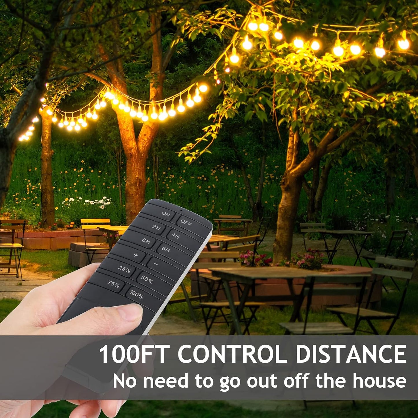 Outdoor Dimmer for String Lights, Remote Control Light Dimmer Plug in, Light Timer Outdoor Waterproof, 100FT Range with 2 Grounded Outlets for Dimmable LED/Tungsten Bulb/Patio Lights