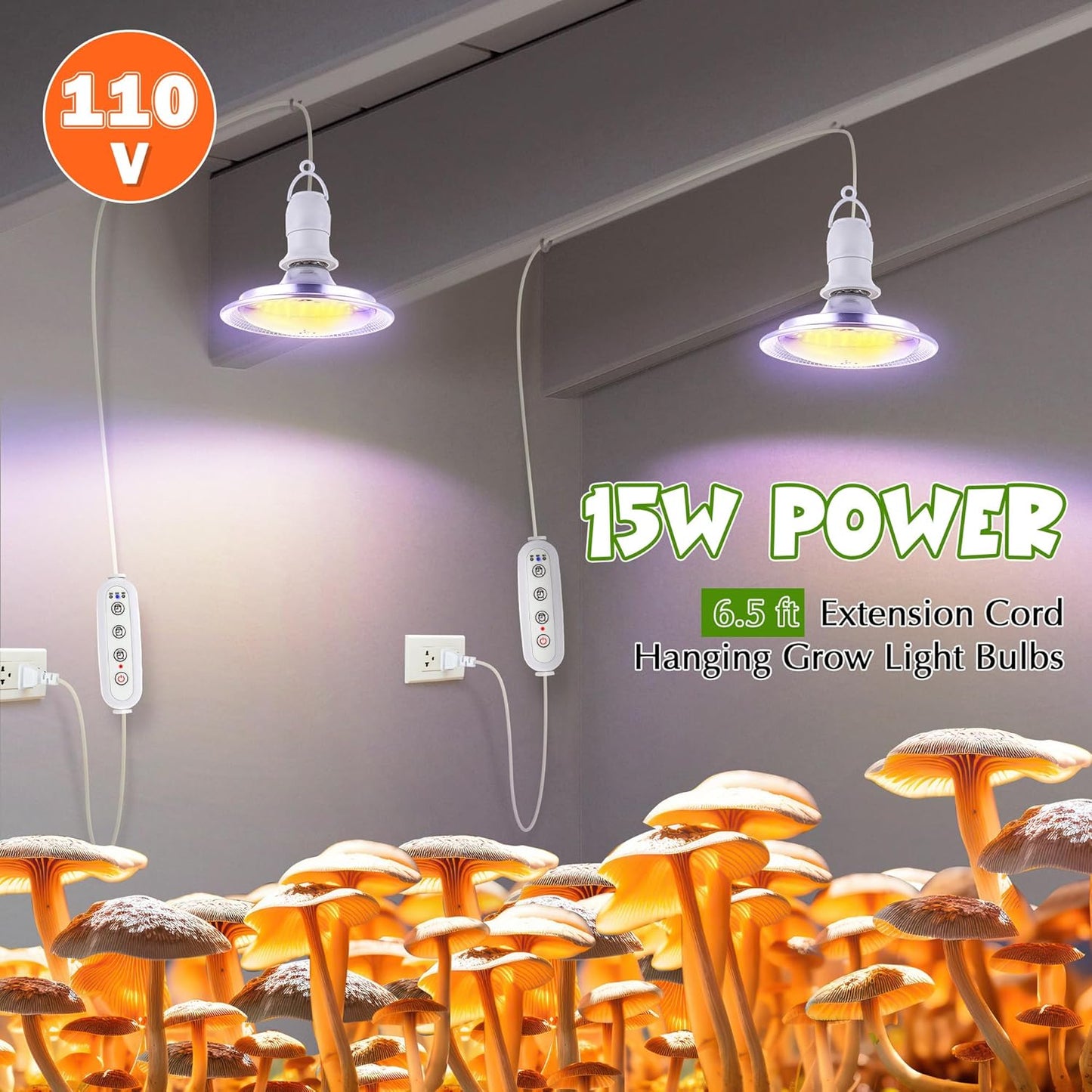 Meonum Mushroom Grow Light with 3/6/9 Hour Timer, 360° LED Hanging Grow Lights Bulb for Mushroom with 6.5ft Extension Cord, 6000K Blue&5000K White Lamp for Indoor Plants Growing Kit Supplies (1 Pack)