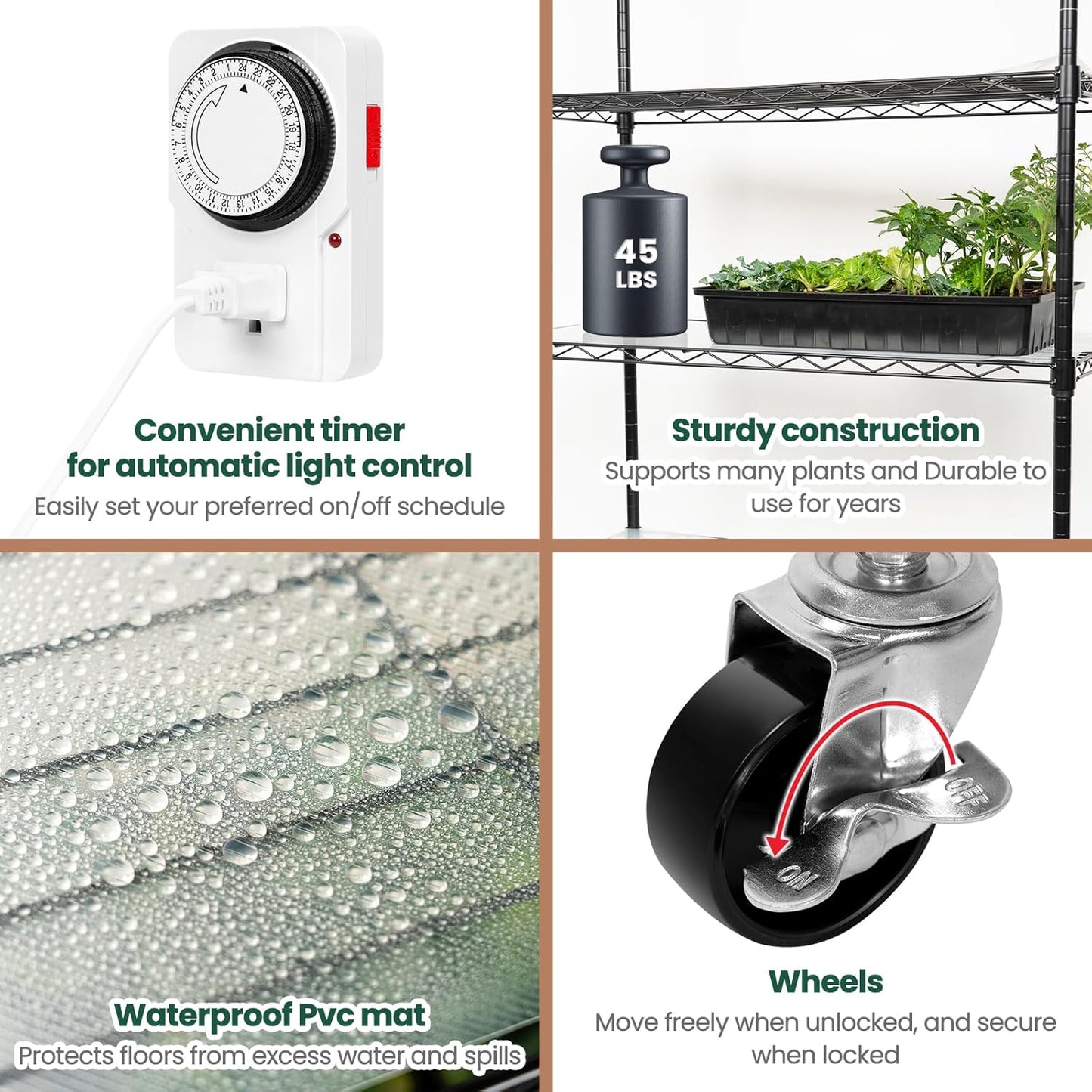 SOLIGT Plant Shelf with Grow Lights, 5 Tier Grow Light Stand Rack with 8 Pack 2FT 6000K T8 Full Spectrum Led Grow Lights for Indoor Plants, Seed Starting, Seedling Growing, Timer Included