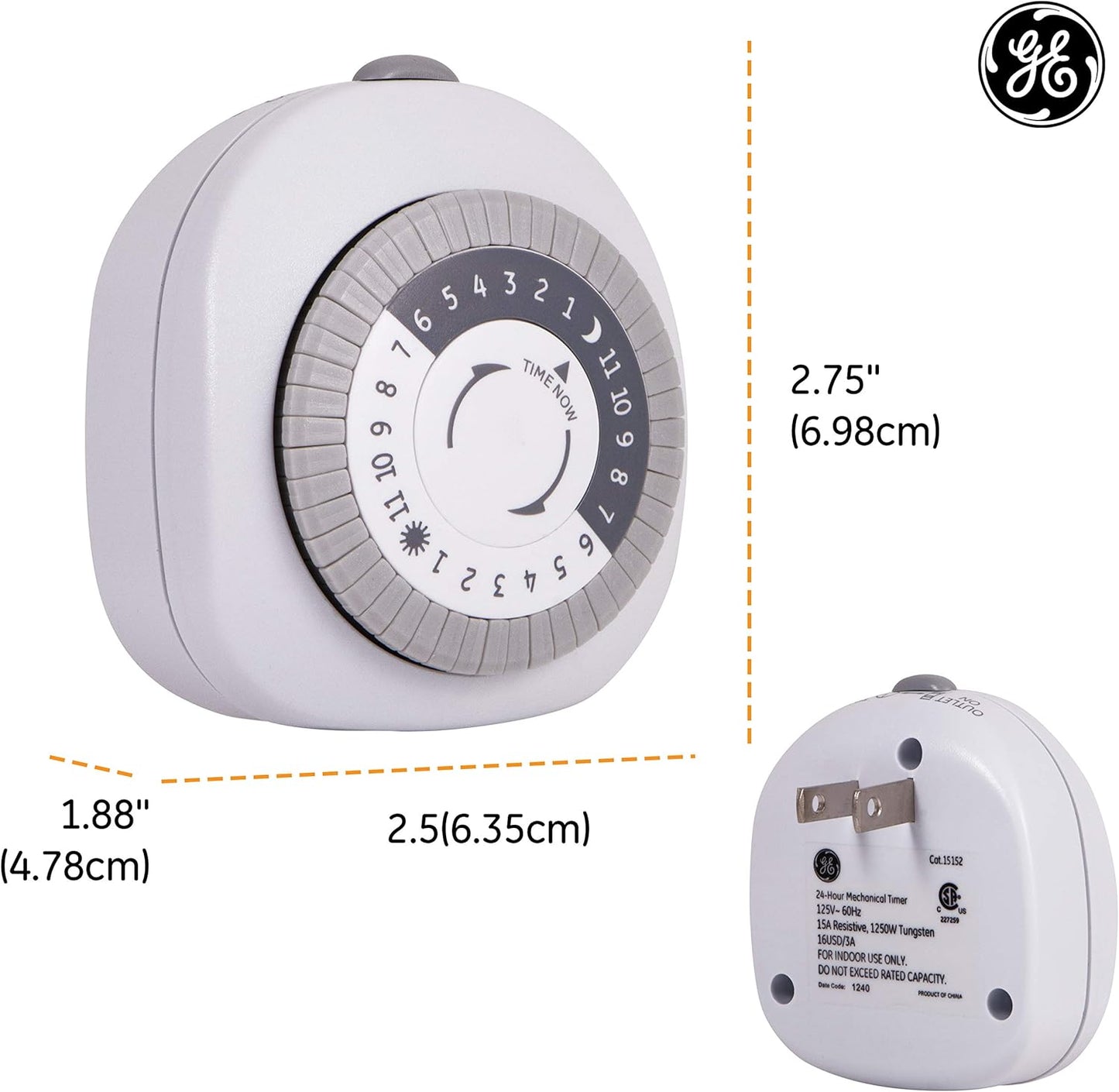 GE 24-Hour Basic Indoor Mechanical Timer, 1 Polarized Outlet Timer, Programmable Daily Cycle, 30-Minute Interval Timer Outlet, Two-Prong Light Timer, Plug Timer, Lamp Timer, White, 1 Pack, 15152