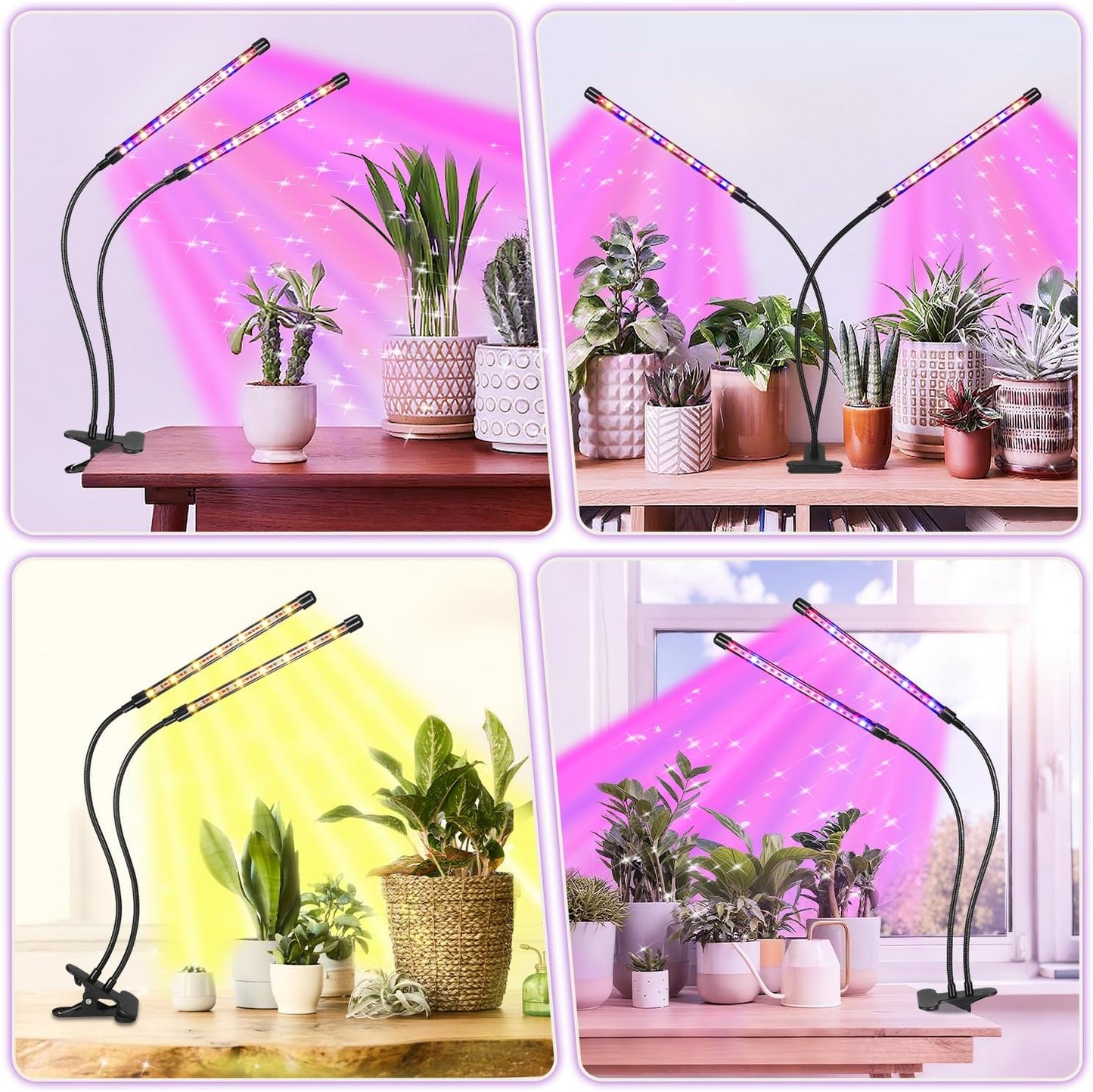 Black 2-Tube Clip-On Grow Light with Red/Blue/Yellow LEDs, Full Spectrum, 6/12/16H Timer, 3 Modes & 10 Dimmable Levels, for Indoor Plants (8W) (1 Pack)