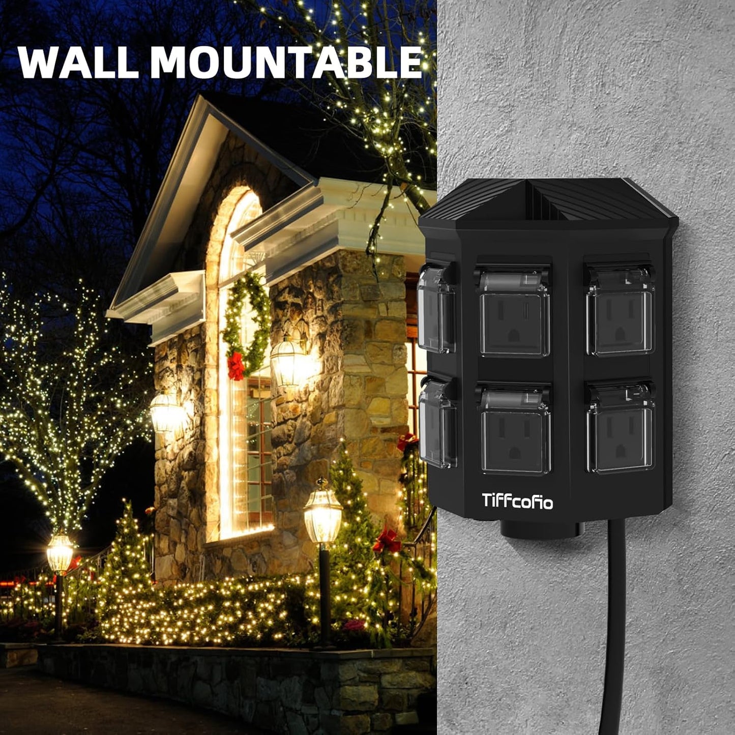 TiFFCOFiO Outdoor Power Strip with 25FT Extension Cord, Remote Control Dusk to Dawn Light Timer Waterproof, 6 Grounded Outlets for Christmas Yard Inflatables and Decorations, ETL Listed
