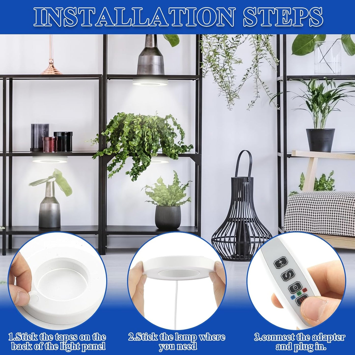 Tujoe 3 Pcs Ceiling Grow Light Self Adhesive Grow Lights for Indoor Plants 144 LED Light with 4/8/12h Auto Switch, 4 Dimmable Brightness Sun Lamp for Plants Full Spectrum Plant Growing Lamps