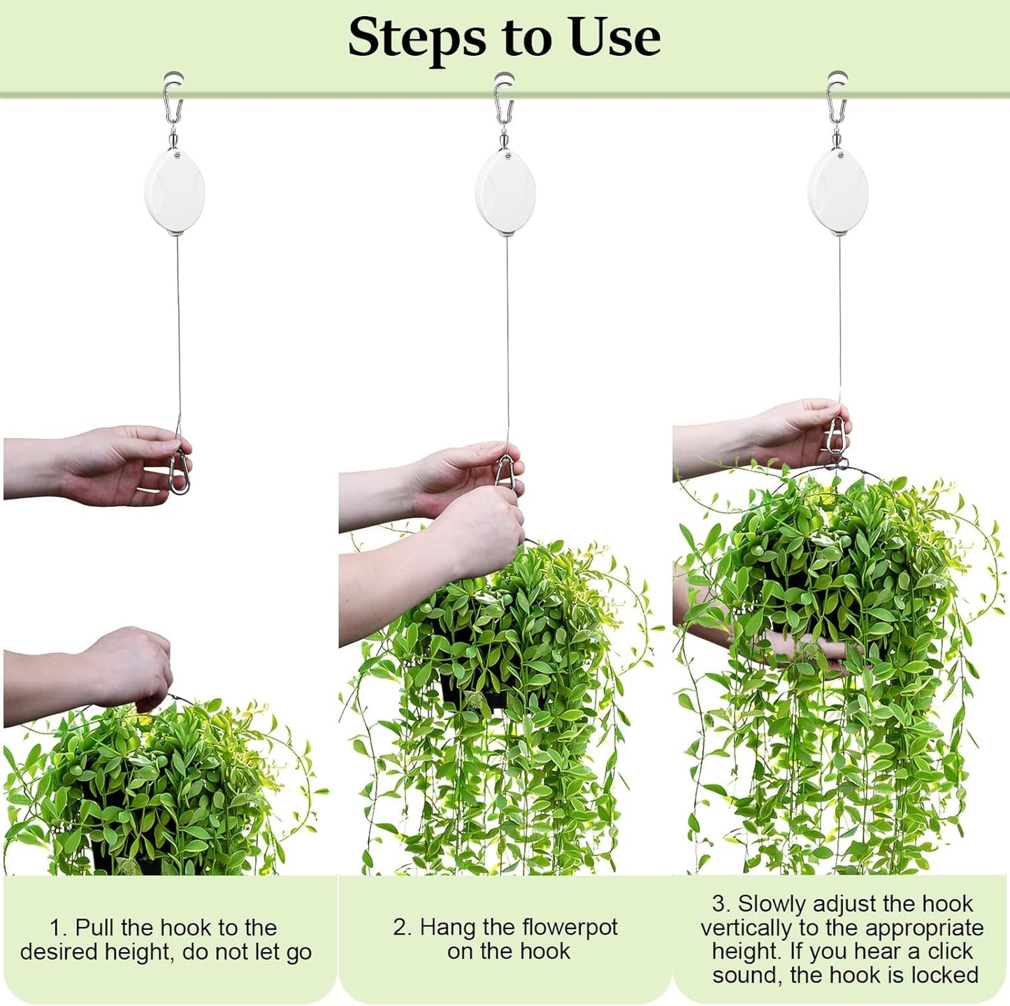 3 Pcs Upgraded Heavy Duty Retractable Plant Hanger,Plant Pulleys for Hanging Plants,Easy to Raise and Lower,Auto Lock,Adjustable Hook for Garden Baskets Pots,Birds Feeder and Grow Lights,White
