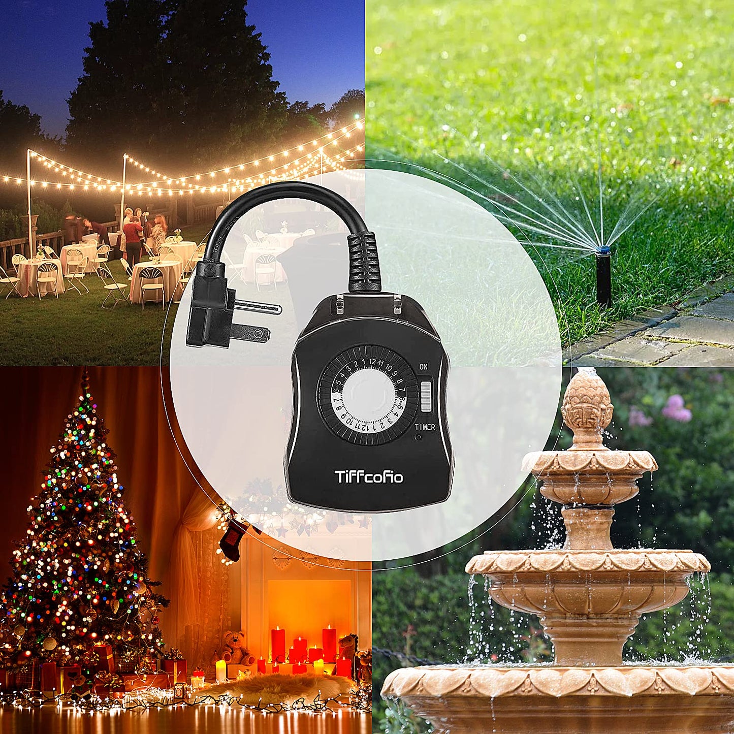 TiFFCOFiO Outdoor Timer Outlet for Lights, 24 Hour Mechanical, Outdoor Light Timer Waterproof, 2 Grounded Outlets for Home and Garden, 15A 1/2HP, Heavy Duty, CSA Listed (2 Pack)