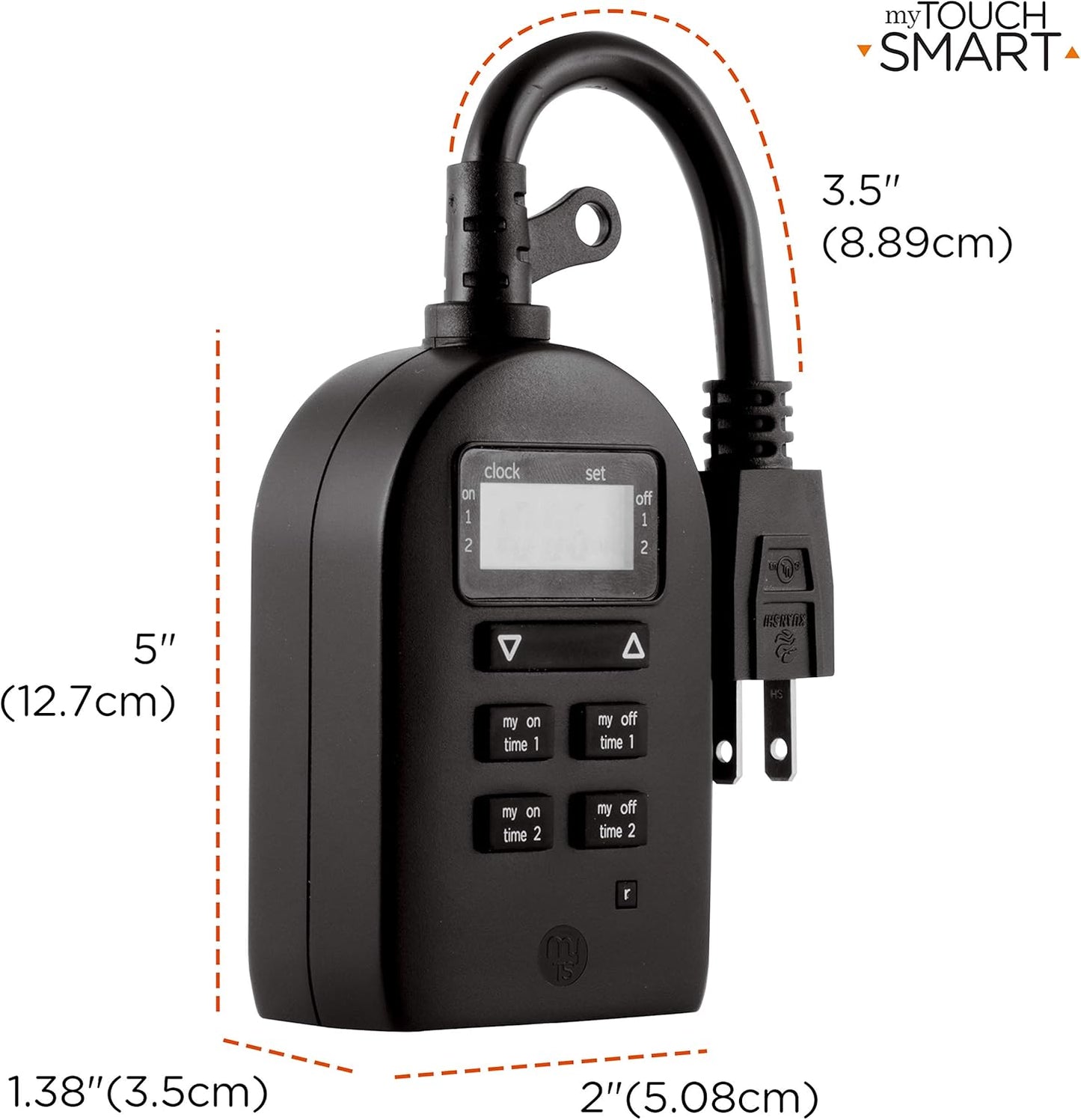 myTouchSmart Indoor/Outdoor Plug-in Digital Timer, One Grounded Outlet, Two Easy-to-Set Custom Daily On/Off Times, Weather Resistant, Ideal for Small Pumps and Seasonal Lighting, 36027