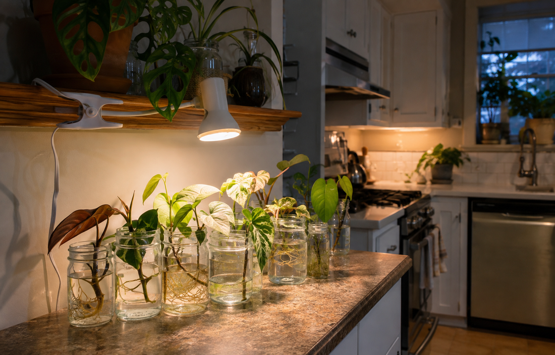 A kitchen counter propagation station in a real apartment interior: several glass jars with plant cuttings rooting in water…