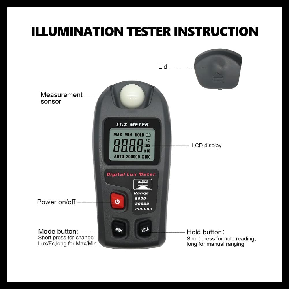 MT-30 Digital Light Meter Lux Meter 0.1-200,000 Lux Range Illuminance Meter with LCD Display Portable Luxmeter for Indoor Outdoor Lighting Measurement