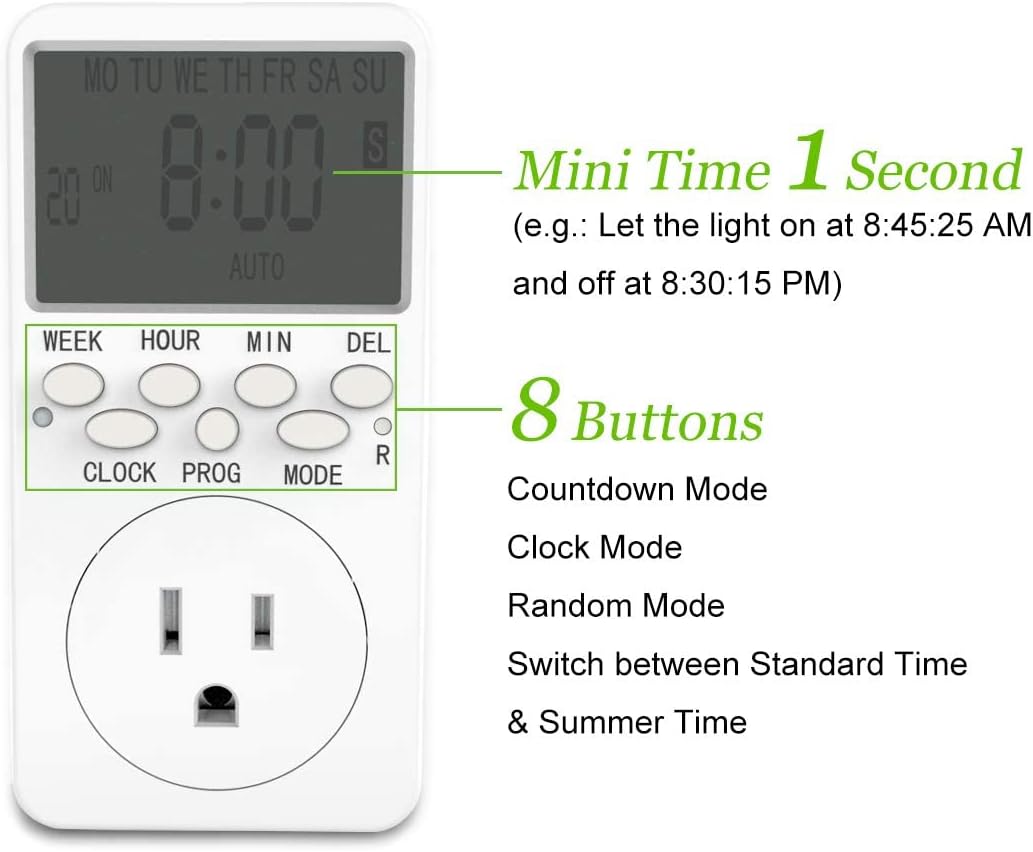7-Day Programmable Digital Countdown Plug Timer for 110V AC, Energy-Saving Indoor Timer Outlet
