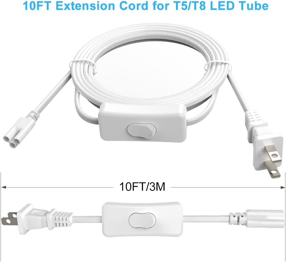 CNSUNWAY T5 T8 LED Lights Power Extension Cord, 10FT/3Meters LED Wire Connector Extension Cable with On/Off Switch for T5 T8 Integrated LED Tube, Shop Light Fixtures (3 Pack)